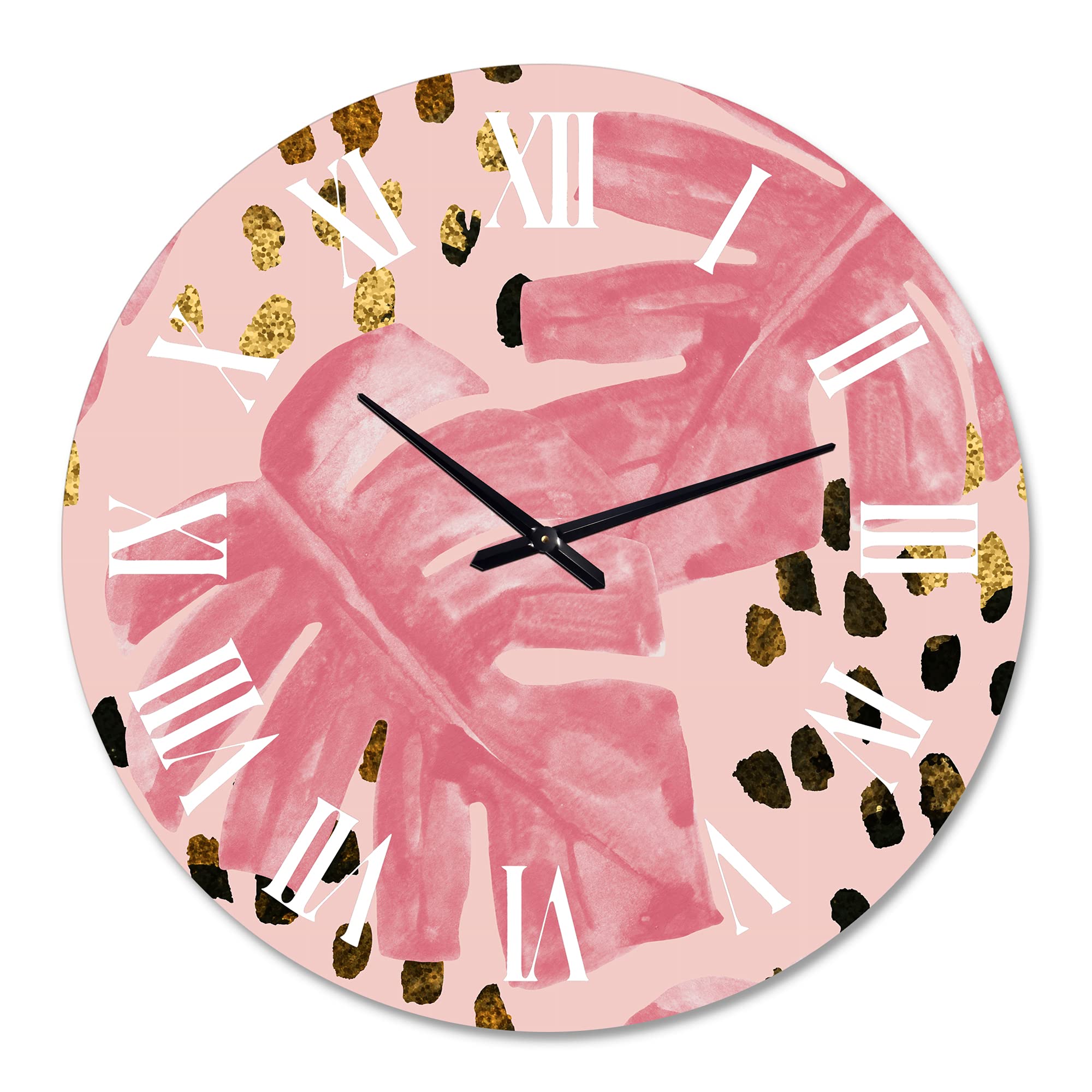 DesignQ Tropical Wall Clock - Pink Monstera on Rough Brush Strokes - Large Nature-Inspired Wall Decor for Living Room, Bedroom & Office - Perfect for Home, Beach House & Boho Interior Design