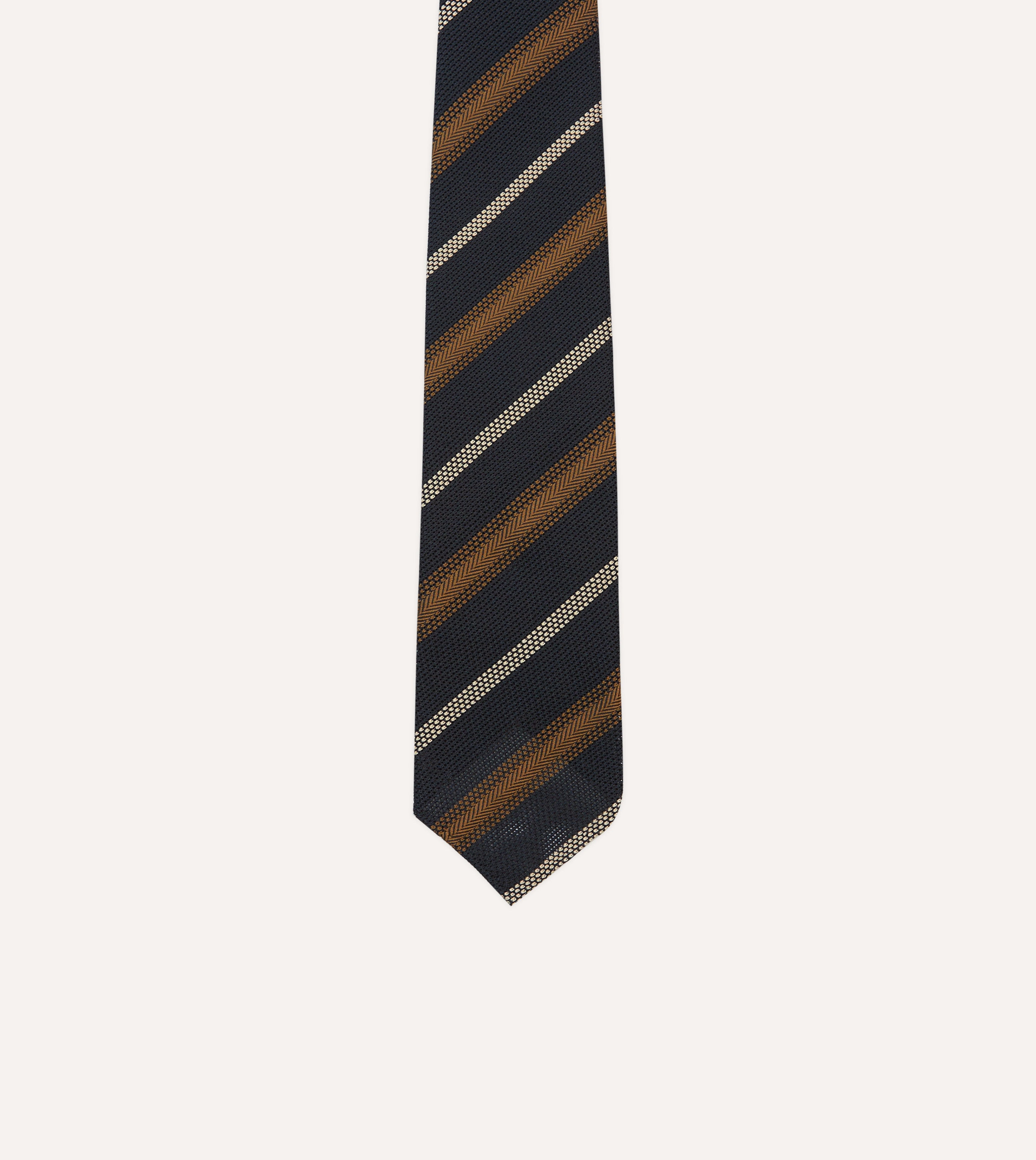 Premium Navy, Gold & Ecru Striped Hand-Rolled Silk Grenadine Necktie for Men - Elegant Business, Wedding & Formal Occasion Accessory