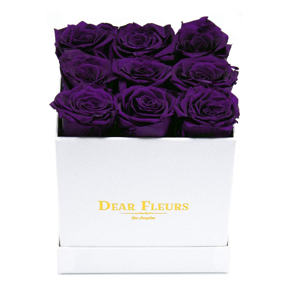 Eternal Nona Roses - Real Preserved Flowers Lasting 1 Year | Luxury Gift Box in Purple & White Leather Finish | Perfect for Anniversaries, Valentine's Day & Home Decor