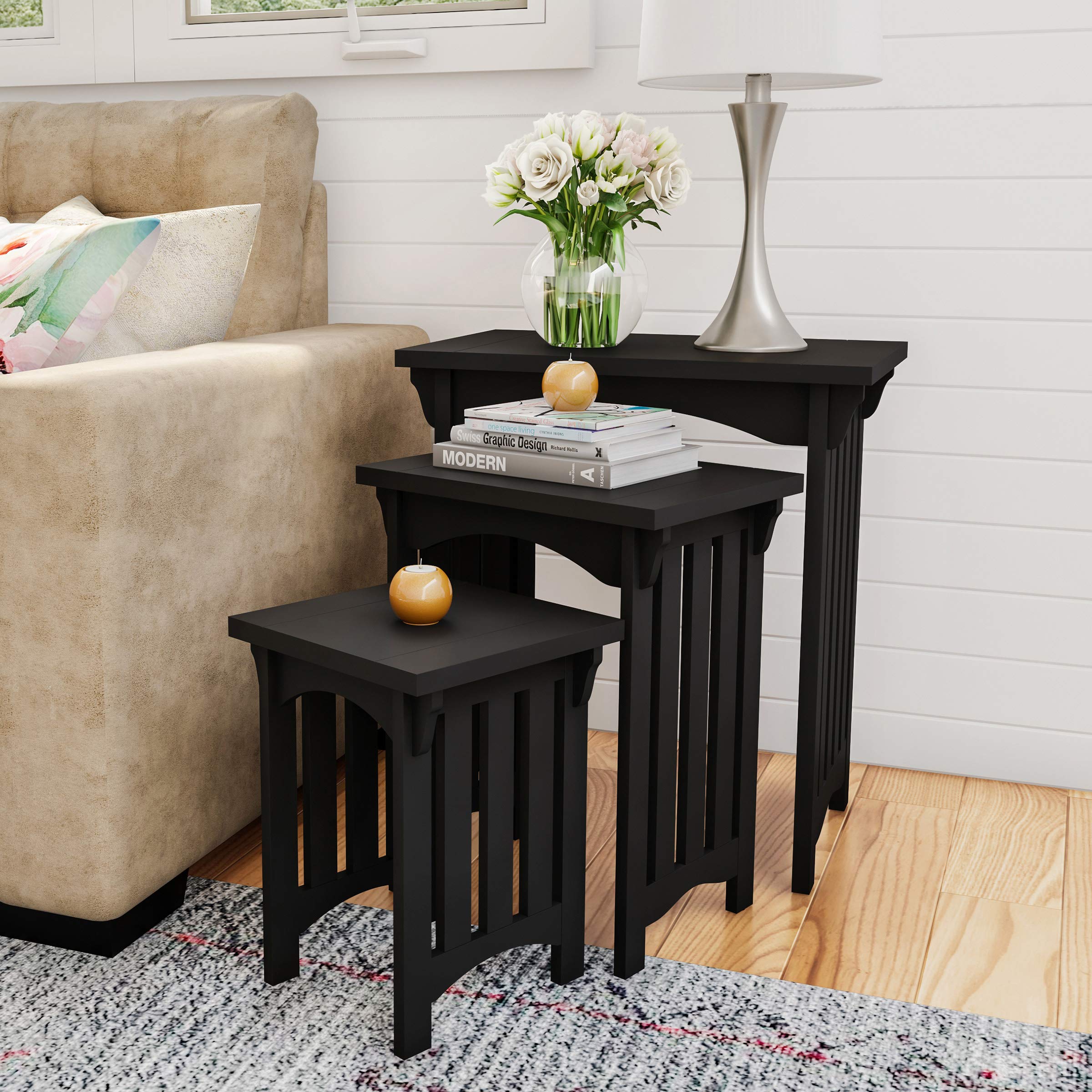 Lavish Home 3-Piece Nesting Coffee Tables Set - Mission Style Wooden Side Tables for Living Room, Bedroom, or Office - Space-Saving Accent Furniture (Black) | Perfect for Small Spaces, Apartment Decor & Multi-Purpose Use