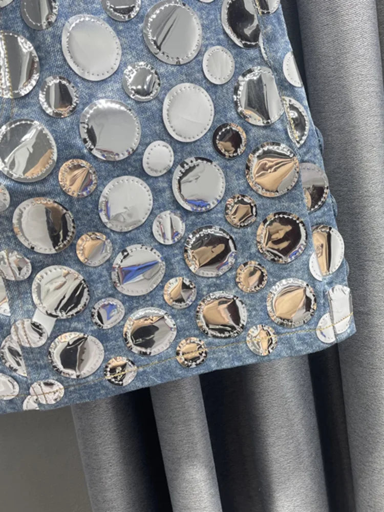 DEAT Women's High Waist Denim Mini Skirt with Sequin Patchwork - Summer Fashion Wrap Skirt in Blue | Perfect for Casual Outings, Parties & Street Style