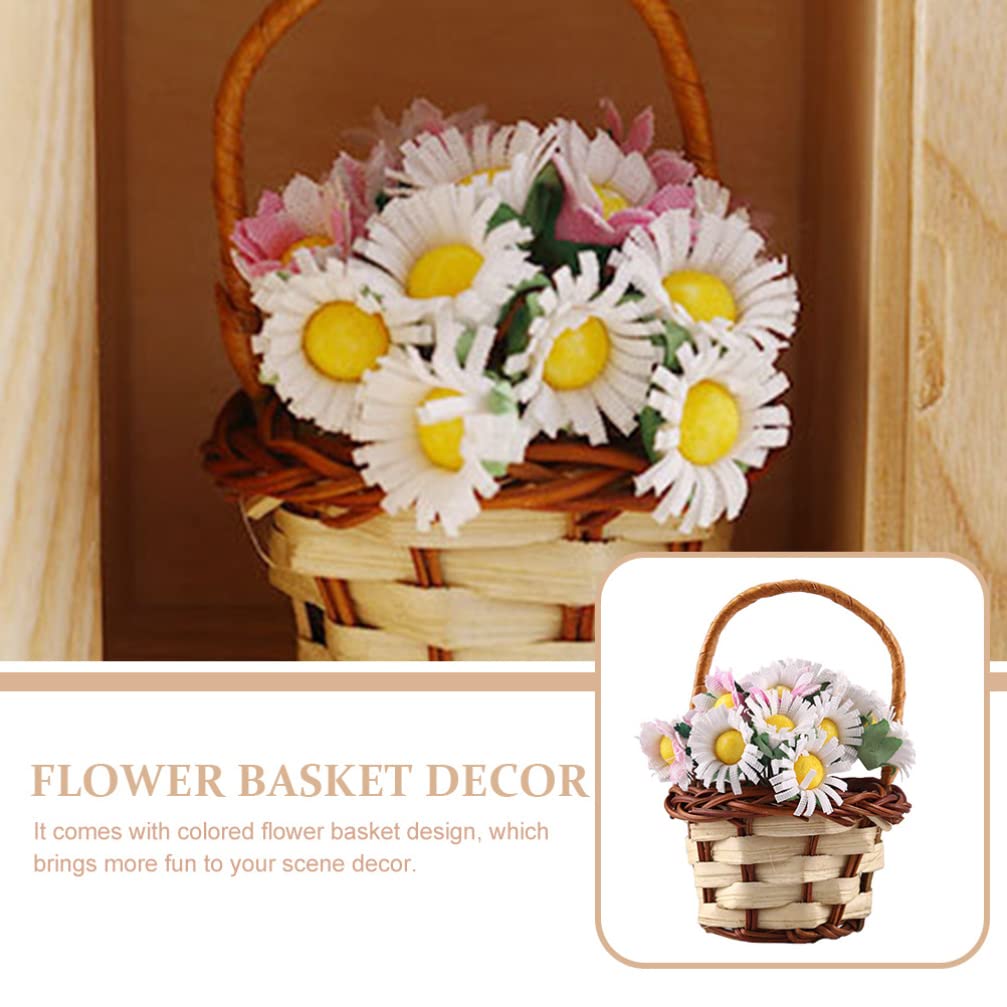 Miniature Flower Basket Doll - Tiny Bamboo Picnic Basket with Fake Plants & Candy for Micro Landscaping Decor | Perfect for Dollhouse, Fairy Garden, DIY Crafts & Tabletop Displays