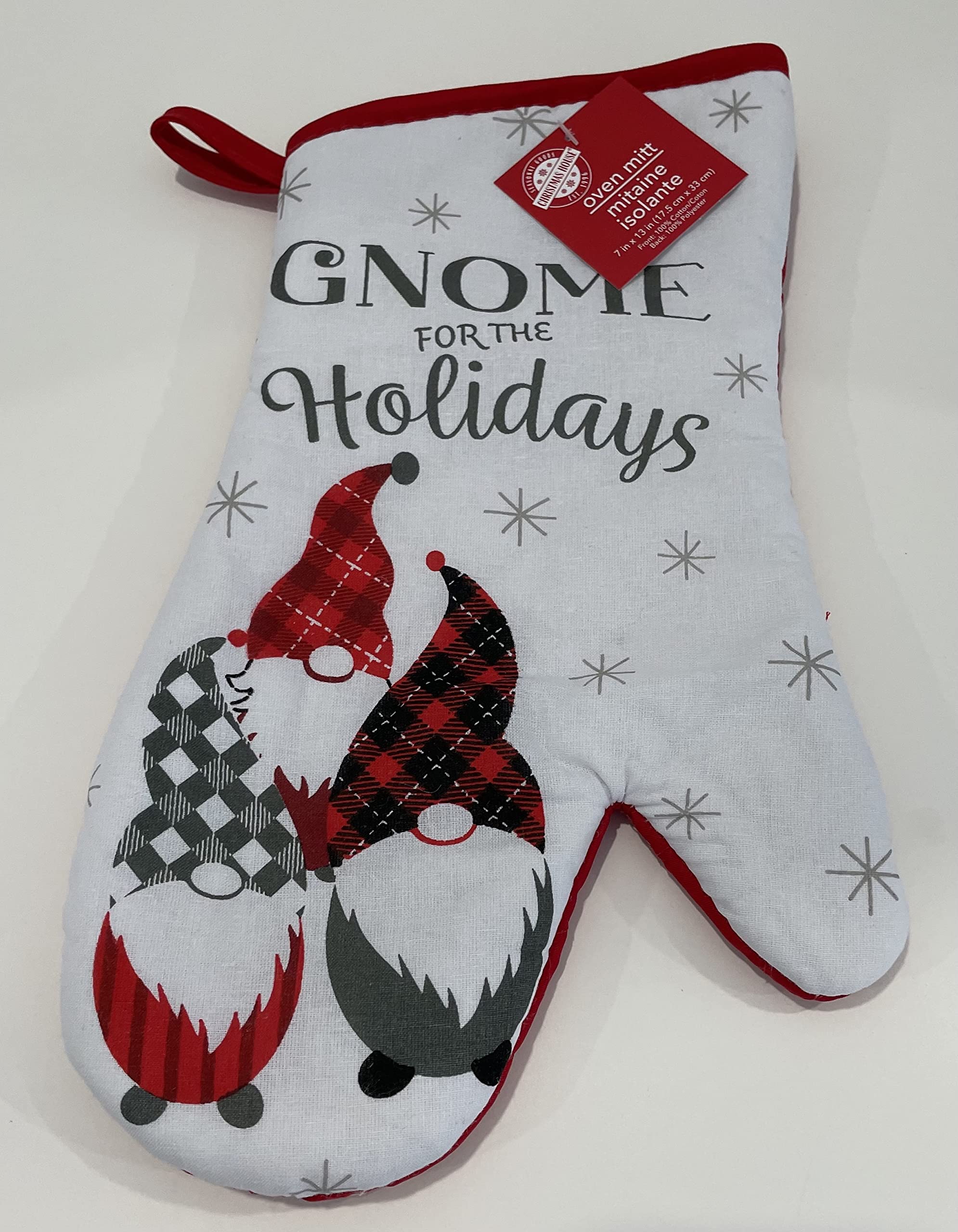 Gnome for The Holidays 2-Piece Pot Holder and 1 Oven Mitt Set - Festive Printed Kitchen Linens for Christmas Baking & Cooking