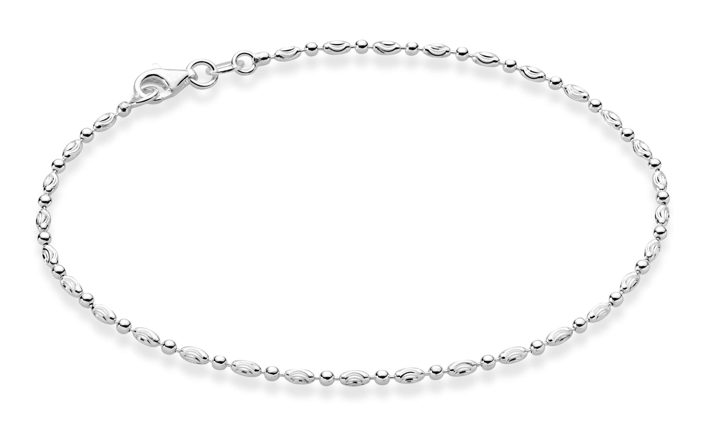 Miabella 925 Sterling Silver Diamond-Cut Oval & Round Bead Ball Chain Anklet for Women - Italian Made Elegant Ankle Bracelet | Perfect for Beach, Wedding & Everyday Wear