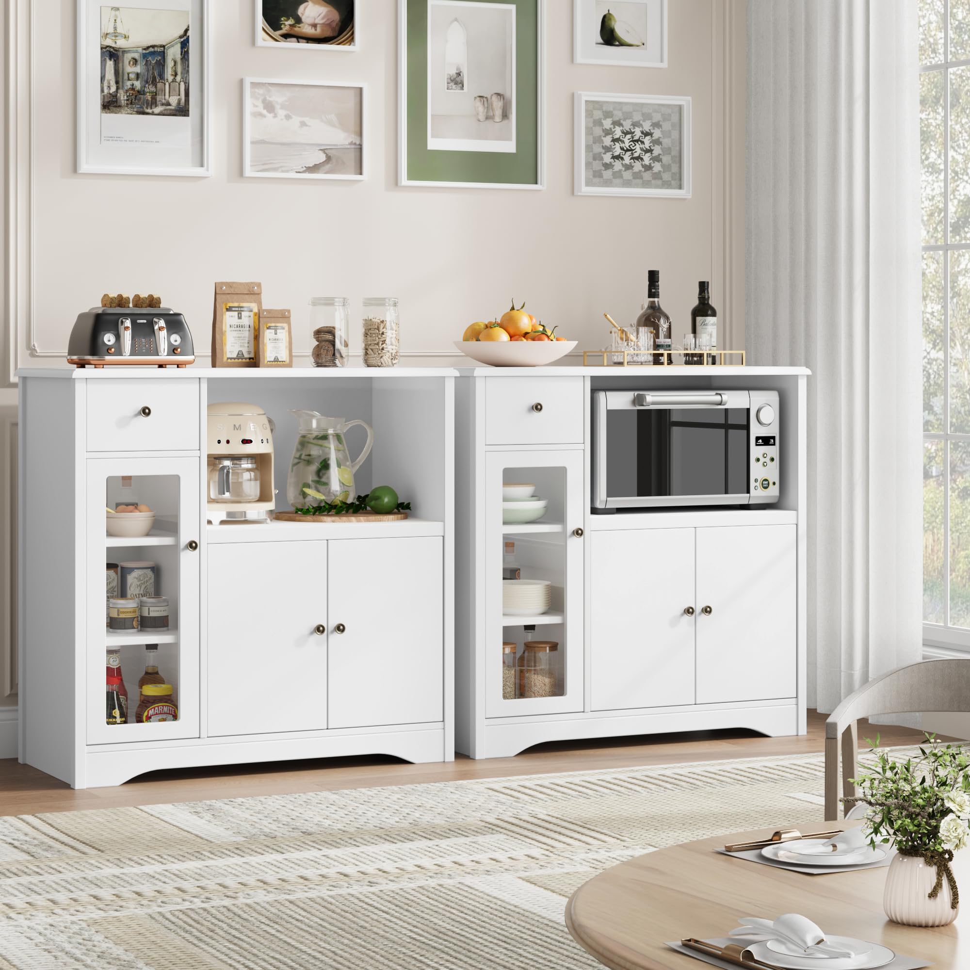 HORSTORS 3-Door Storage Cabinet with Adjustable Shelves & Drawer - White Kitchen Buffet Sideboard for Microwave, Dining Room & Home Organization