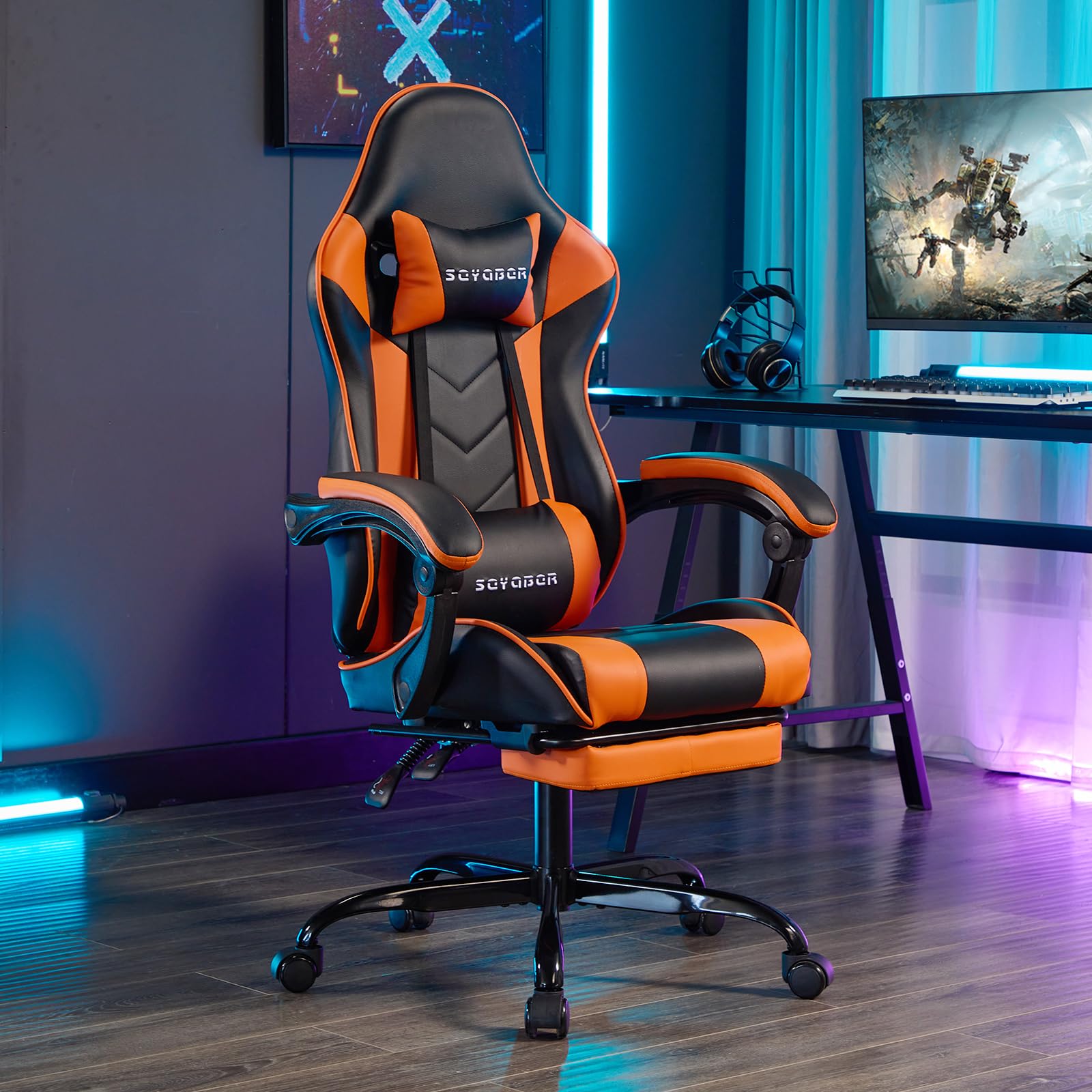 Ergonomic Gaming Chair with Footrest & Massage - PU Leather Computer Desk Chair, Adjustable High Back Office Swivel Recliner for Adults - Perfect for Esports, Home Office & Console Gaming Sessions