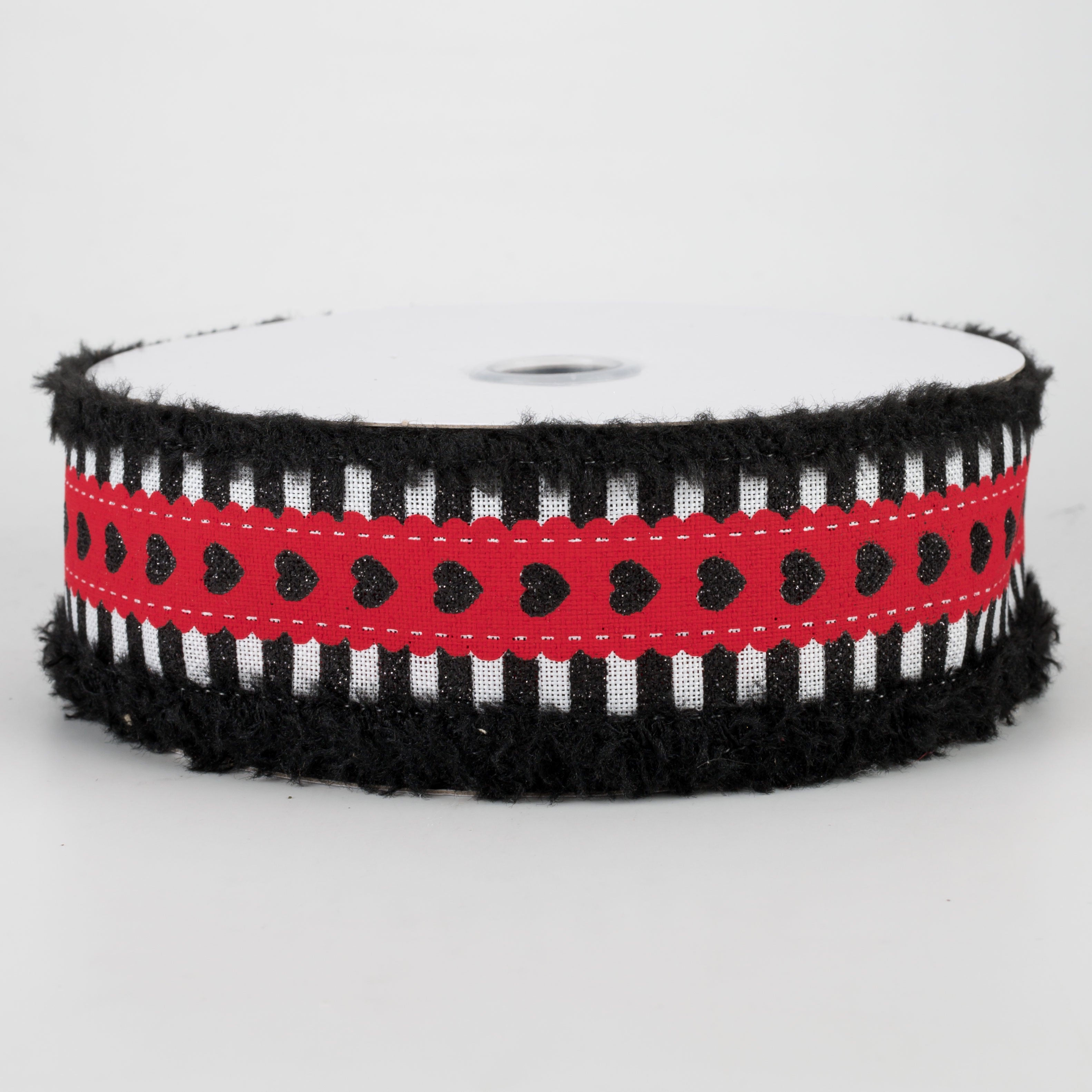 1.5 Inch Hearts & Stripes Chenille Edge Ribbon - Red, Black, White Craft Ribbon (10 Yards) for DIY Scrapbooking, Gift Wrapping & Home Decor
