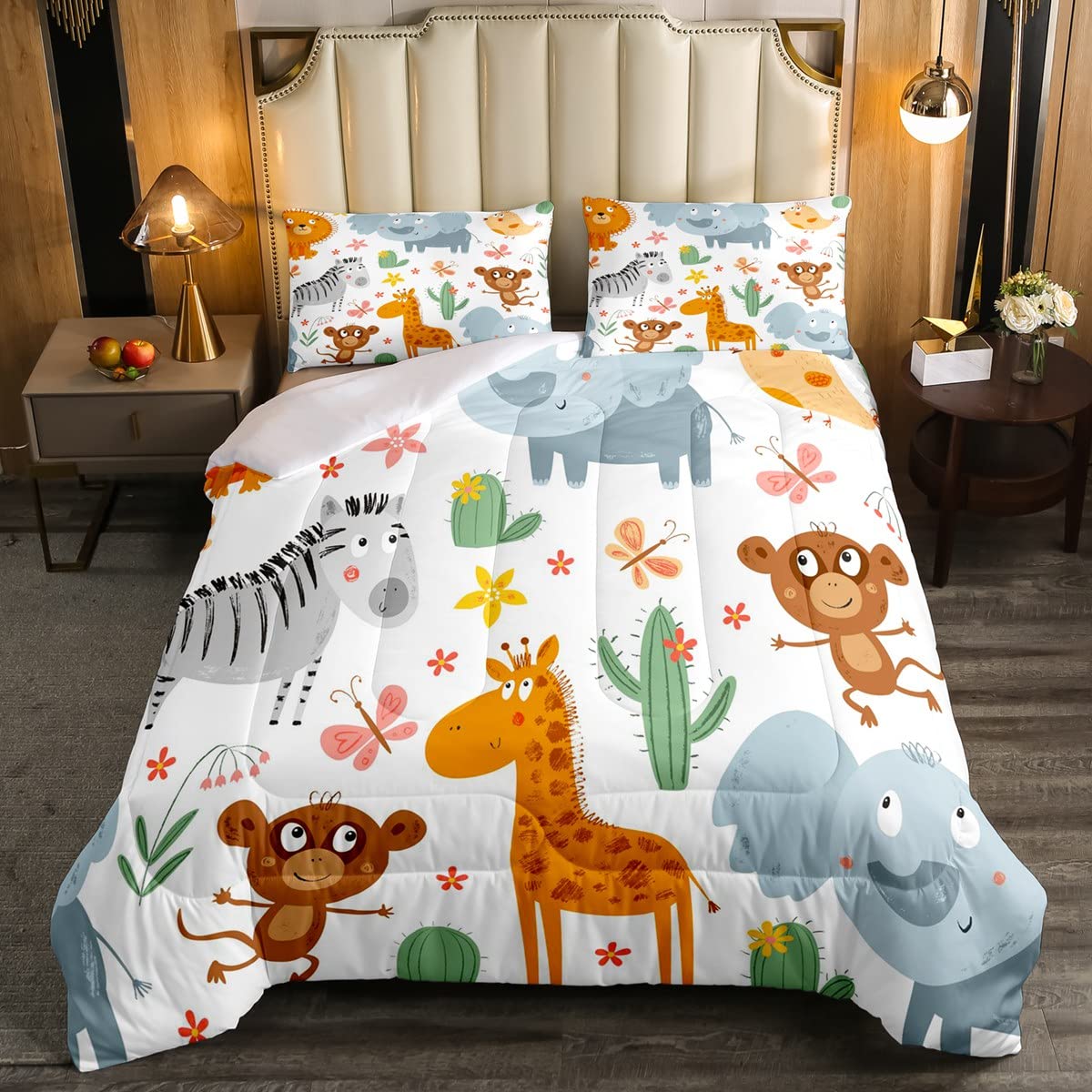 Cute Butterfly Giraffe Elephant Kids Bedding Set - Botanical Animal Print Comforter with 2 Pillowcases, Queen Size | Feelyou Cactus Themed Nursery Decor for Boys & Girls | Perfect for Children's Bedrooms, Daycare Centers, and Gift Giving