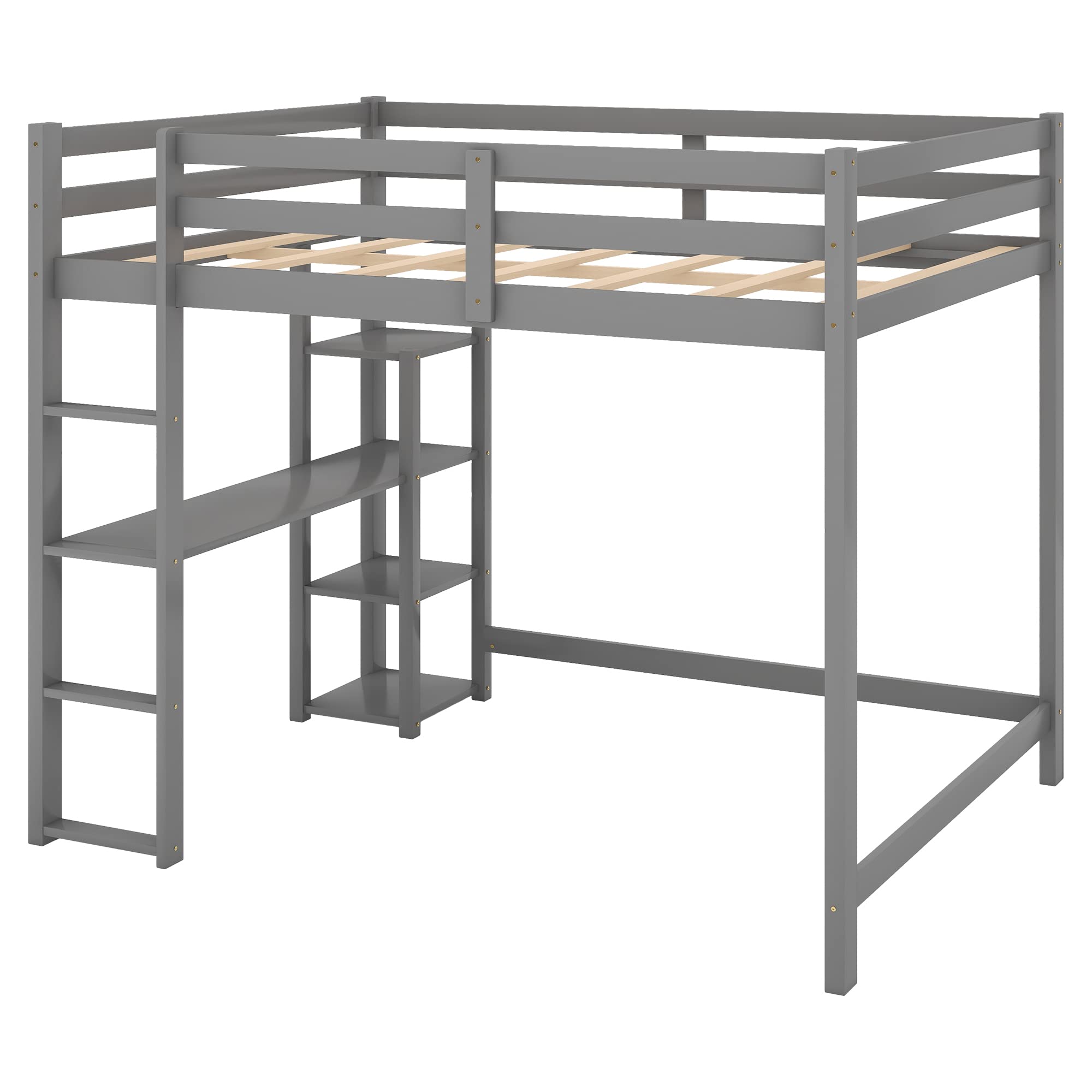 SOFTSEA Full Size Loft Bed with Storage Shelves & Under Bed Desk - Solid Wood Space Saving Bed Frame for Kids, Teens & Juniors - Grey - Perfect for Small Bedrooms, Dorm Rooms & Studio Apartments
