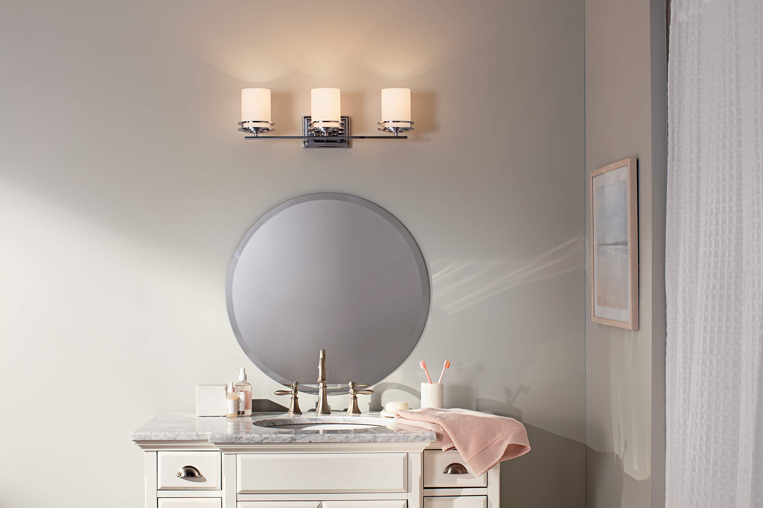Kichler Hendrik 24 Inch 3-Light Bathroom Vanity Light Fixture with Satin Etched Opal Glass Shade in Chrome Finish - Perfect for Modern Bathroom, Powder Room, and Dressing Room Lighting