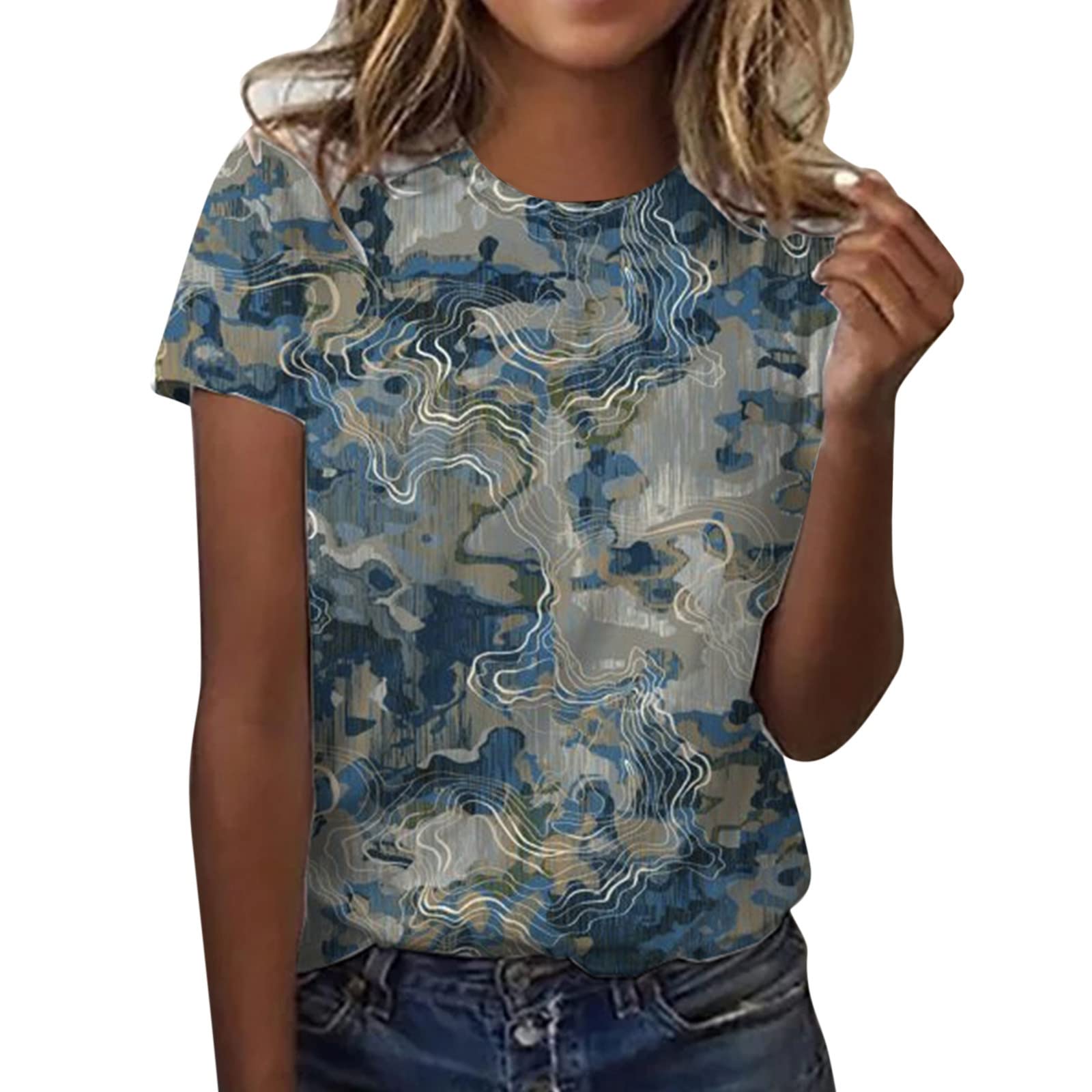 Floral Print Women's V-Neck Short Sleeve T-Shirt - Casual Crew Neck Blouse with Landscape Design for Everyday Wear | Perfect for Summer Outings, Beach Trips and Casual Office Looks