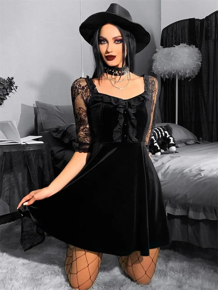Gothic Velvet Black Summer Mini Dress for Women - Short Sleeve See-Through A-Line Party Dress with Backless Design | Sexy Clubwear, Night Out, Date Night, Halloween Costume