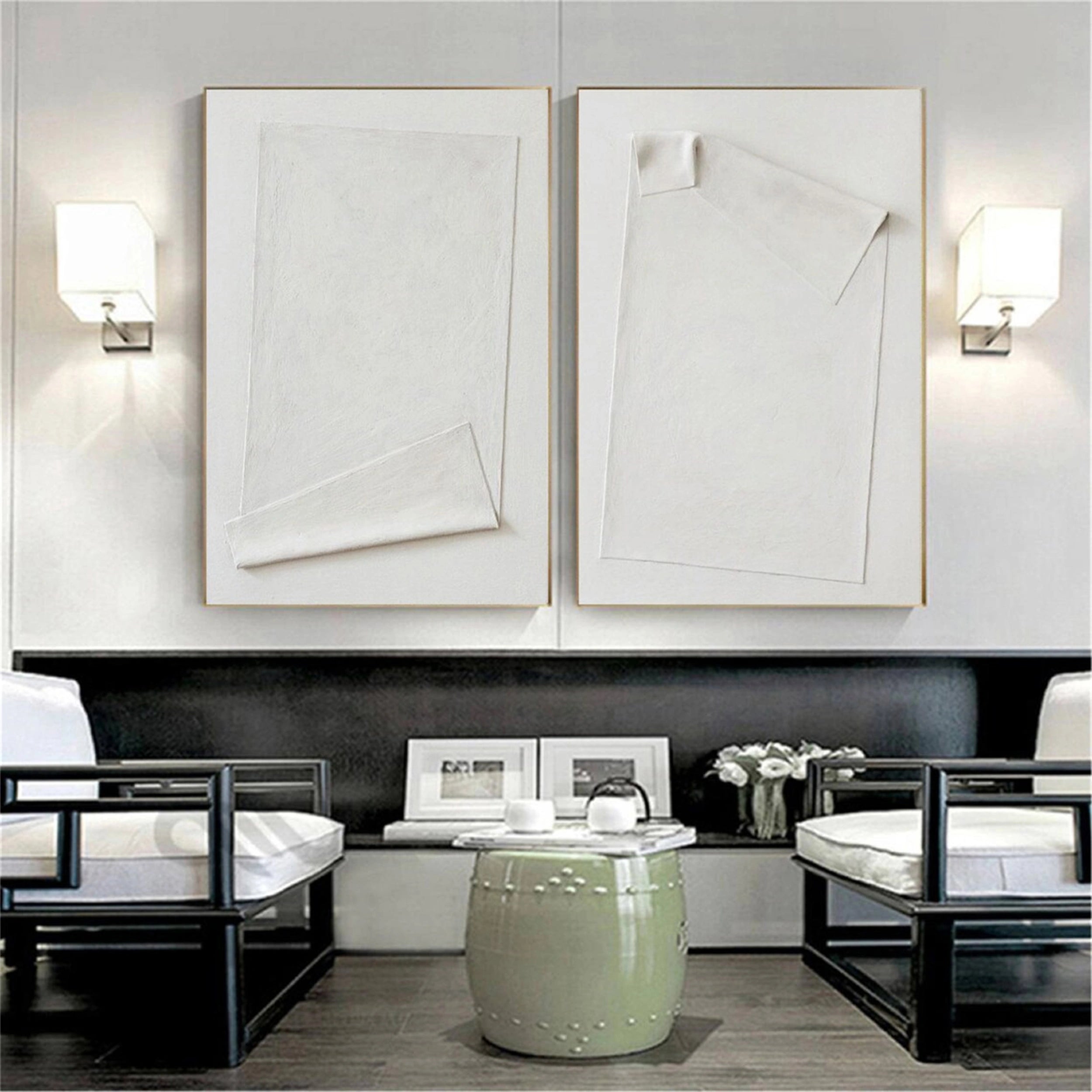 Minimalist White Textured Canvas Paintings Set of 2 - Modern Abstract Wall Art for Living Room & Bedroom Decor #MM145