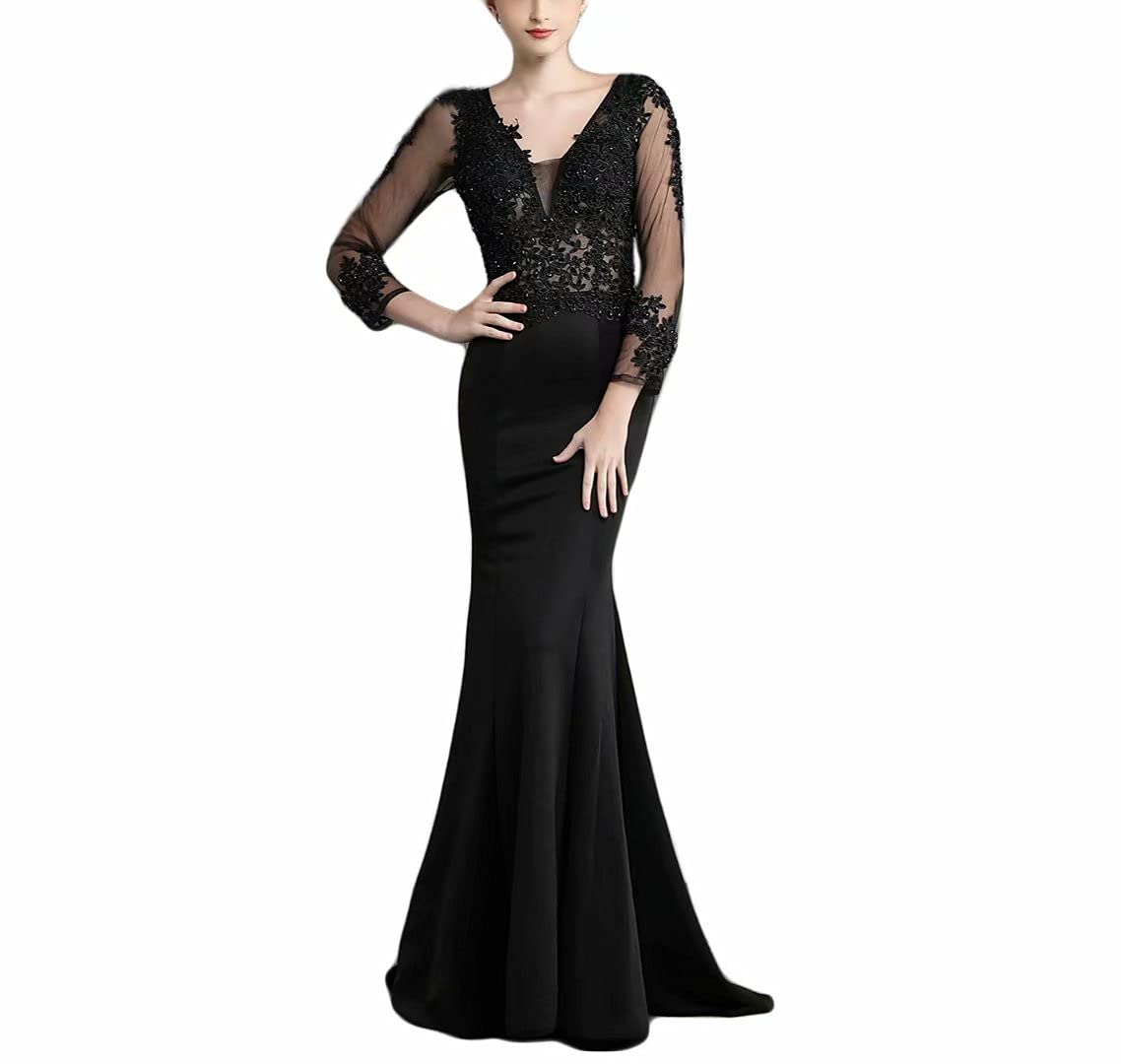 Elegant Mordarli Women's Lace Applique Mermaid Evening Gown - Long Formal Prom Dress with 3/4 Sleeves for Wedding, Party & Special Occasions