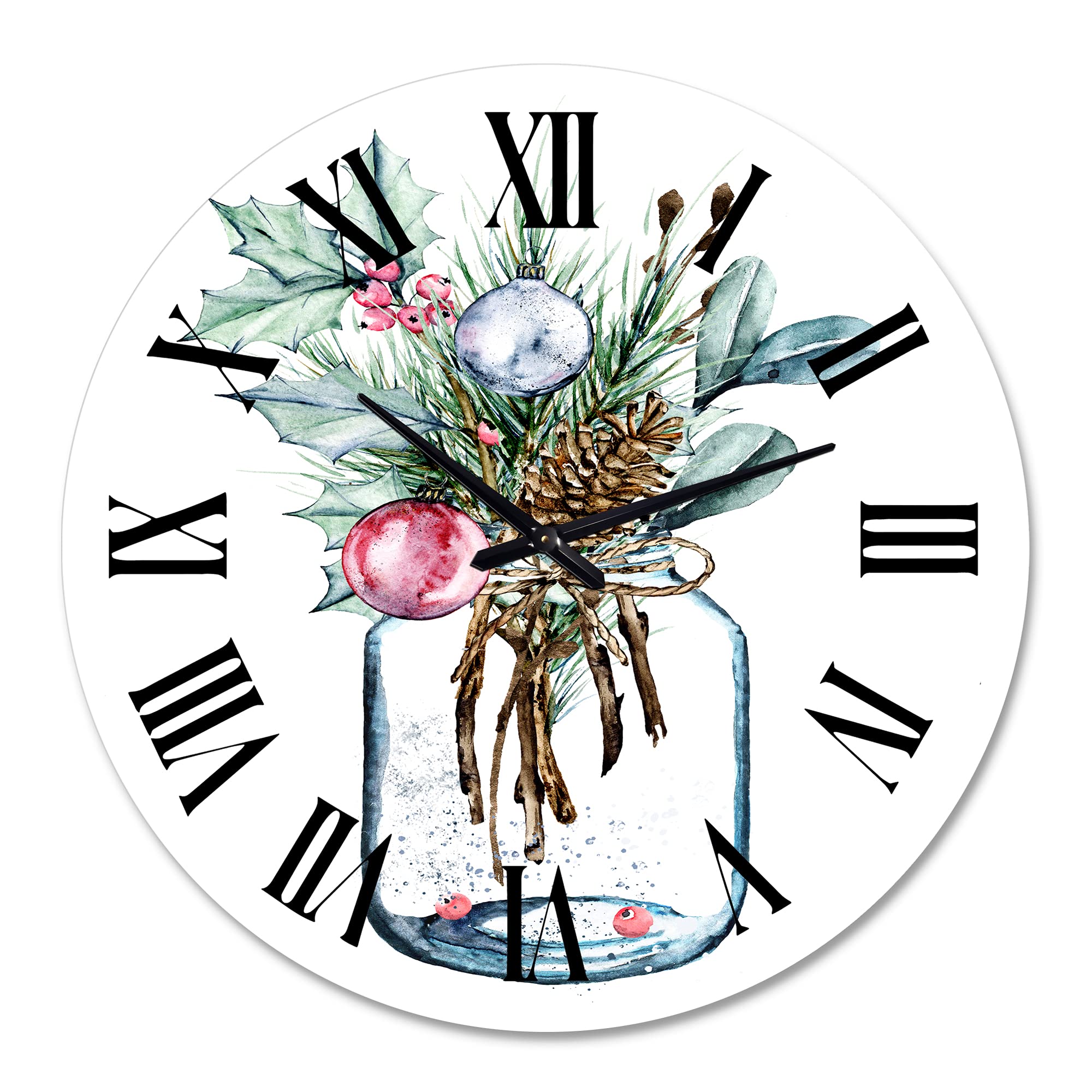 DesignQ Traditional Wall Clock - Merry Christmas Greenery in Transparent Jar - Large Floral Botanical Wall Clock for Home Decor - Perfect for Bedroom, Living Room & Holiday Decorations