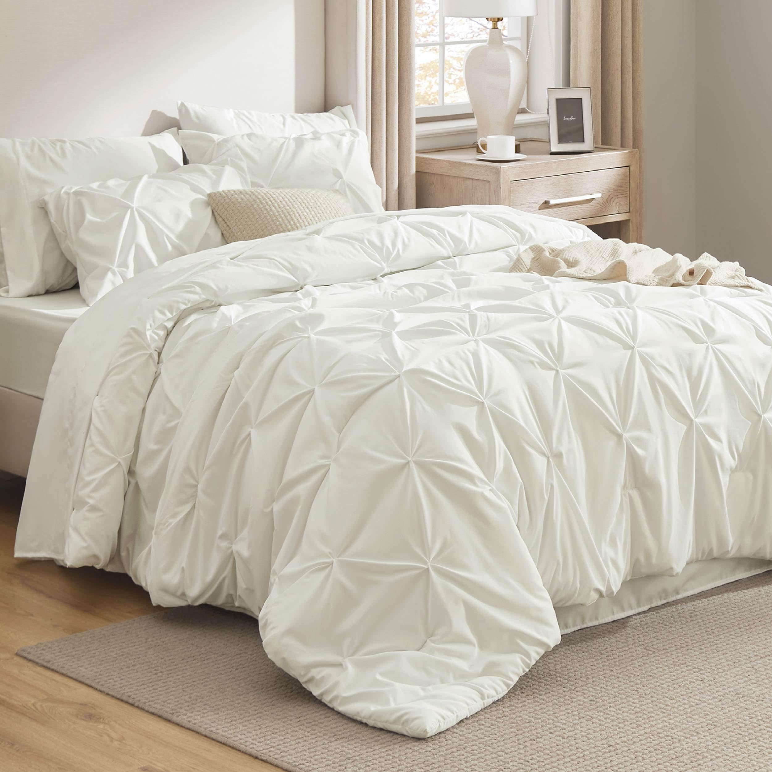 Bedsure California King Comforter Set - 7 Piece Pinch Pleat Ivory Bedding Set with Pintuck Comforter, Sheets, Pillowcases & Shams for Luxurious Hotel-Style Bedroom Decor | Perfect for Master Bedrooms, Guest Rooms & Airbnb Stays