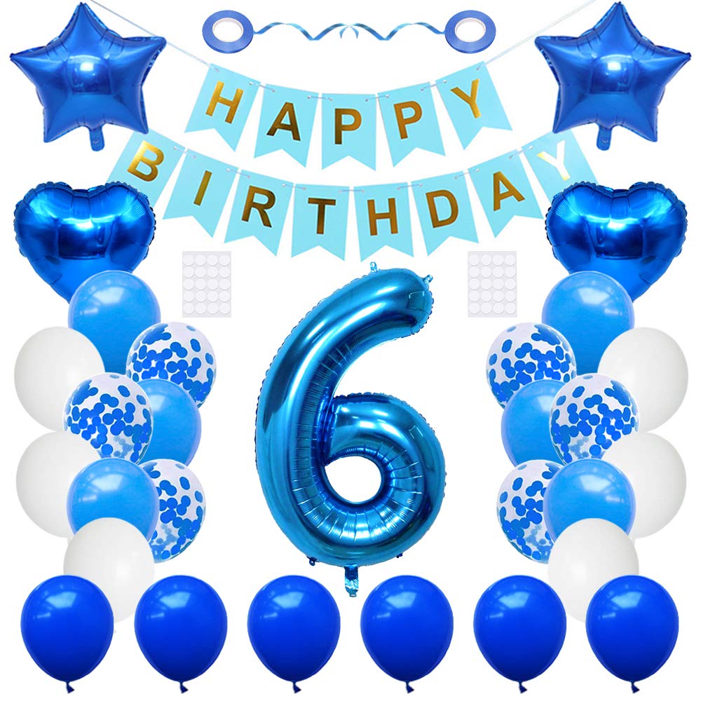 6th Birthday Party Decorations Kit - Blue Foil Balloons, Happy Birthday Banner, White & Blue Confetti & Star Balloons - Perfect for Girls & Boys Birthday Celebrations - Ideal for Home Parties, School Events & Birthday Photos