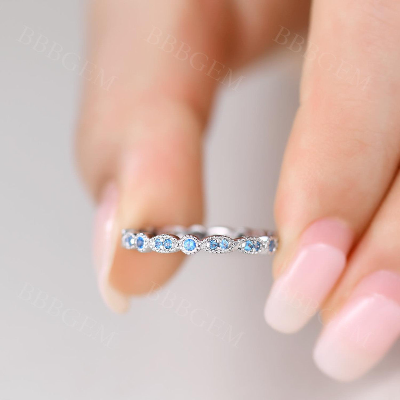 14k/18k White Gold Eternity Topaz Wedding Band with Milgrain Detailing - Perfect for Engagement Rings, Anniversary Gifts & Bridal Jewelry