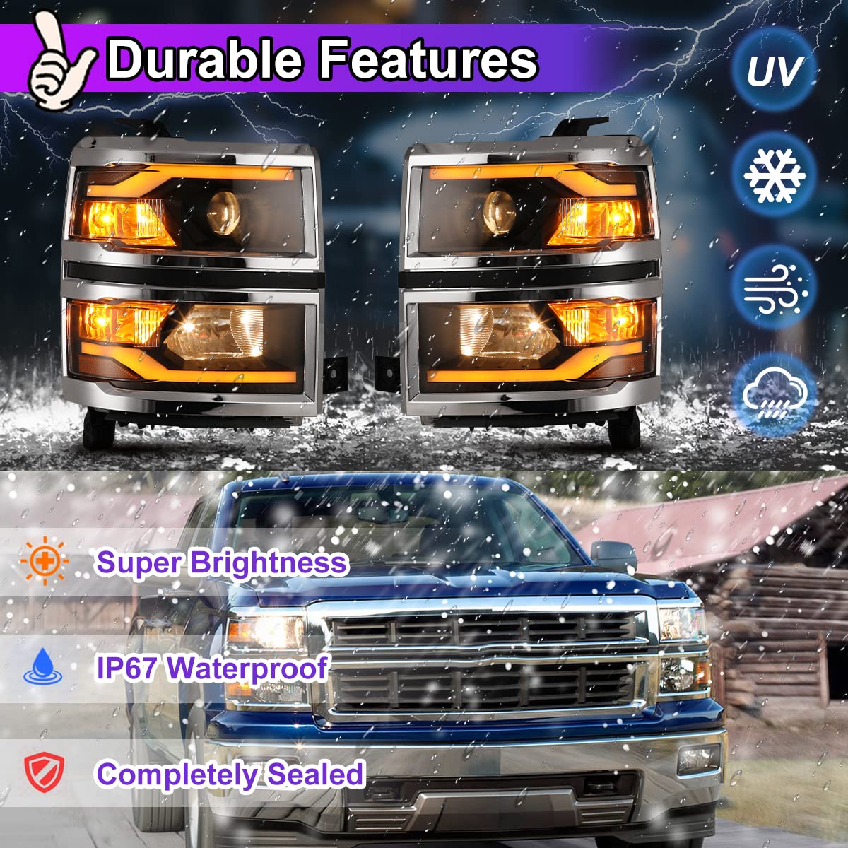 Nixon Offroad LED Headlights Assembly for Chevy Silverado 1500 2014-2015 - High/Low Beam Projector Headlights with DRL & Turn Signal - Matte Black Housing & Clear Lens (1 Pair) - Perfect for Night Driving & Off-Road Adventures