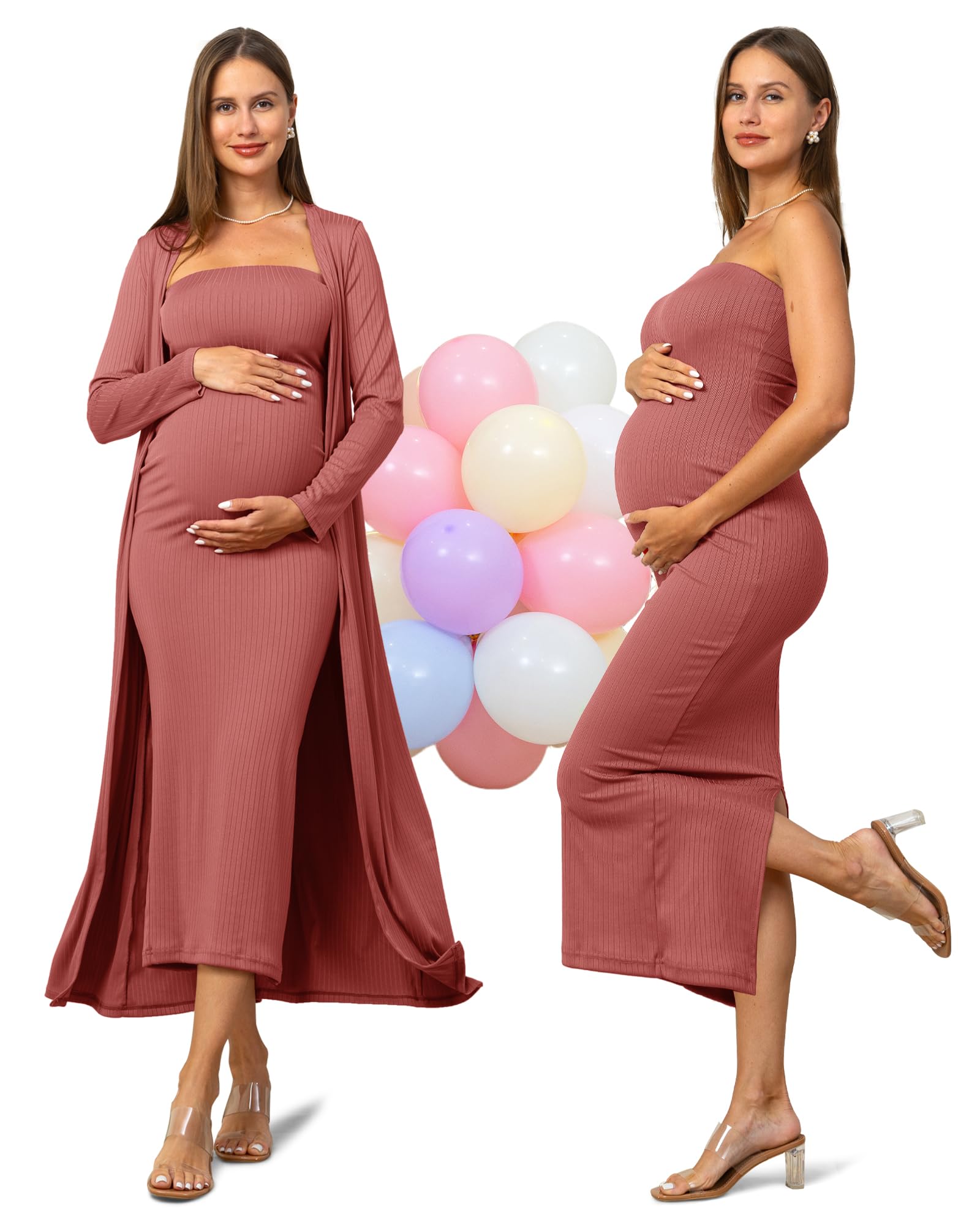 RNXRBB 2-Piece Maternity Dress Set - Nursing Cardigan & Tube Dress for Baby Shower, Wedding Guest, Summer Pregnancy Outfits | Gender Reveal Photoshoot & Maternity Photos | Comfortable Long Dress for Expecting Moms