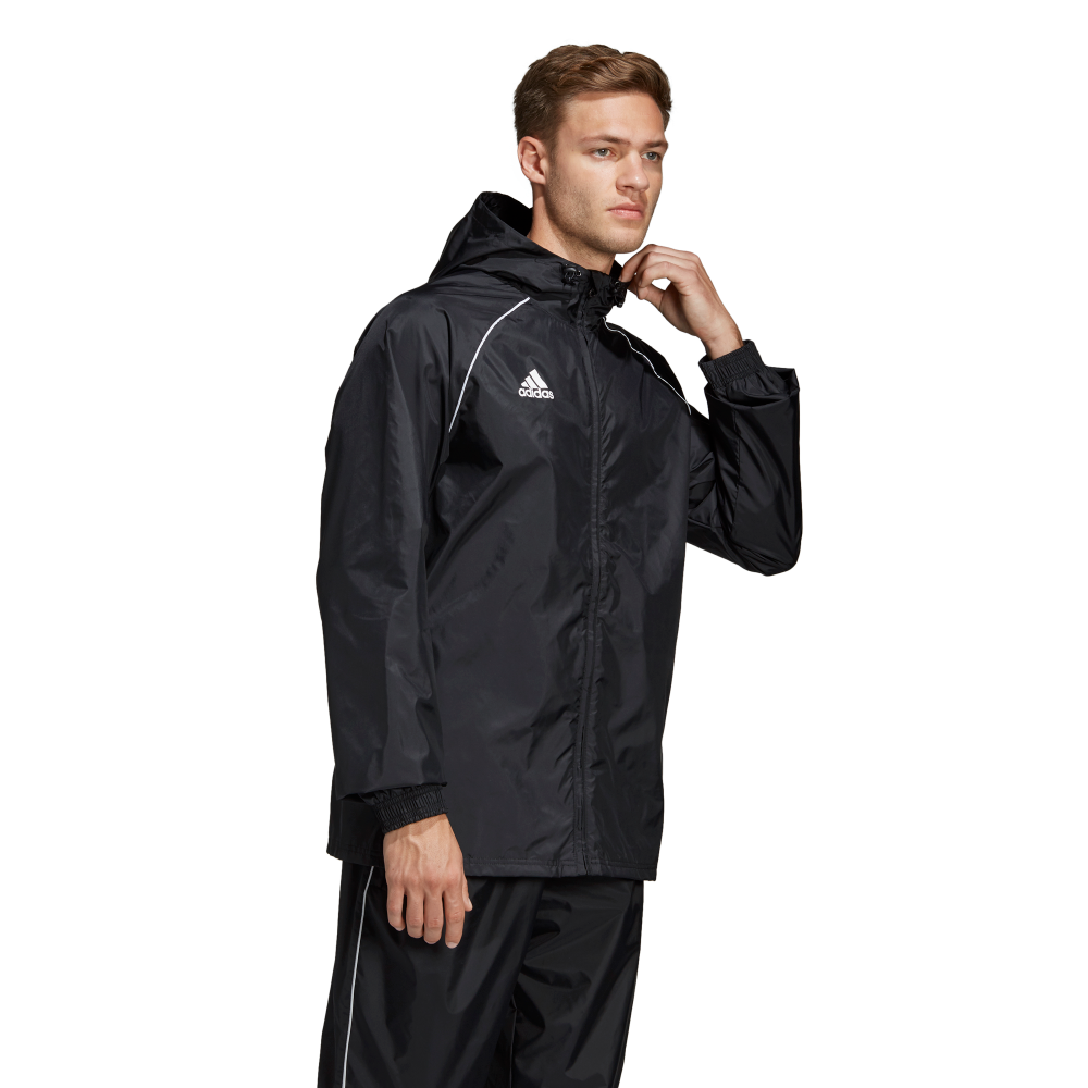 Adidas Youth Core 18 Waterproof Rain Jacket for Boys & Girls - Lightweight Windbreaker with Hood (Black/White) - Perfect for School, Outdoor Activities & Sports