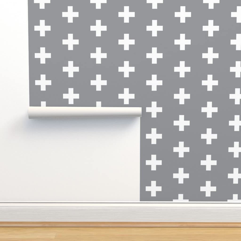 Peel & Stick Wallpaper 12ft x 2ft - Gray Plus Sign Cross White Modern Nursery Gender Neutral Custom Removable Wallpaper by Spoonflower | Perfect for Nursery, Bedroom, Office & Home Decor