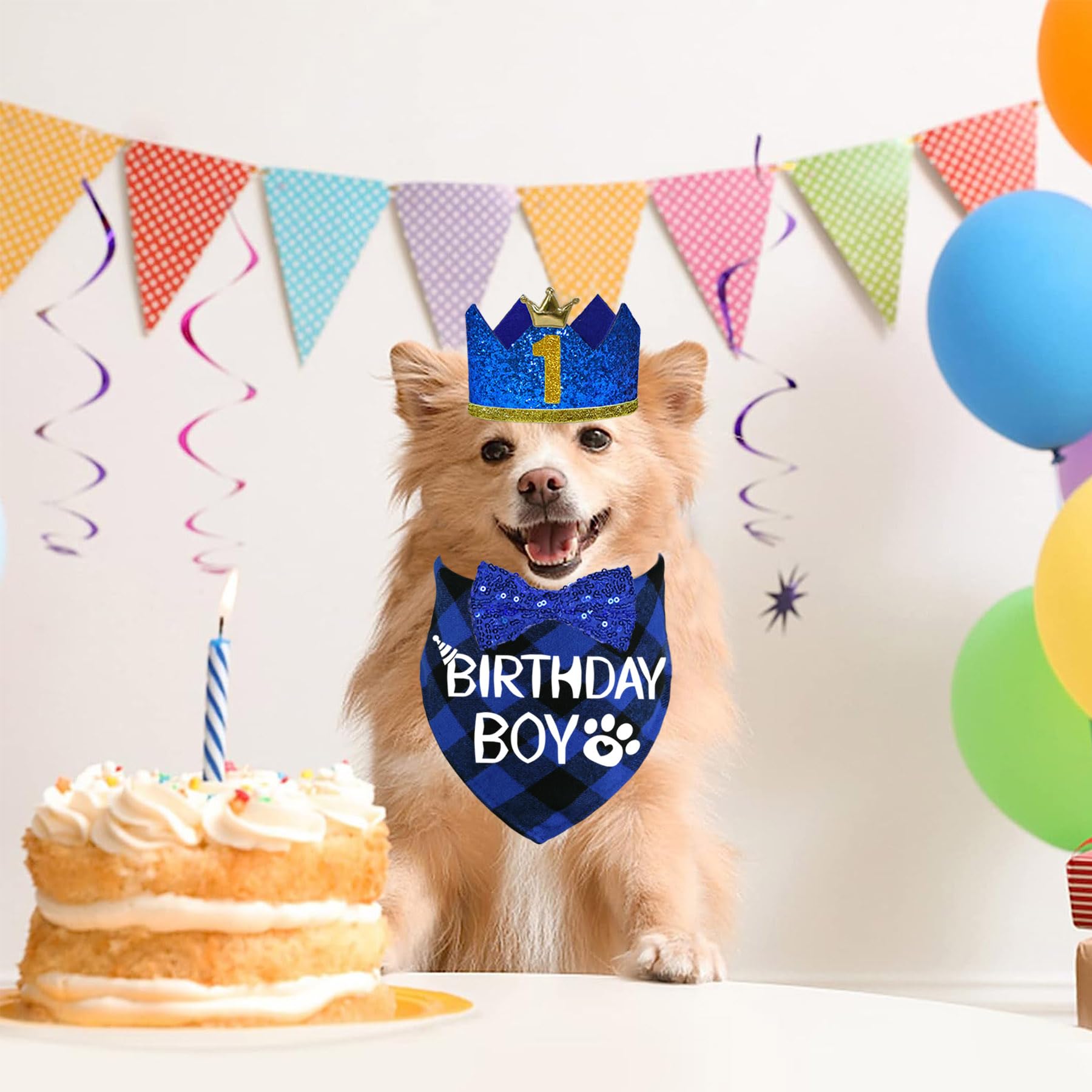 Dog Birthday Hat & Bandana Set for Small Dogs - Blue, Small - Perfect for Pet Parties