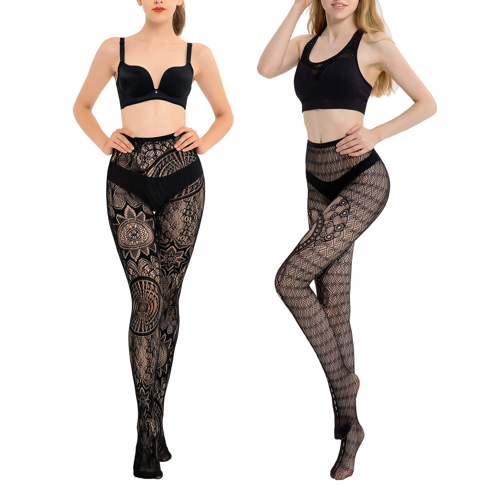 HONENNA Women's Black Patterned Fishnet Tights - 1 to 6 Pairs | Stylish Pantyhose & Stockings for Party, Halloween, Cosplay & Night Out Outfits