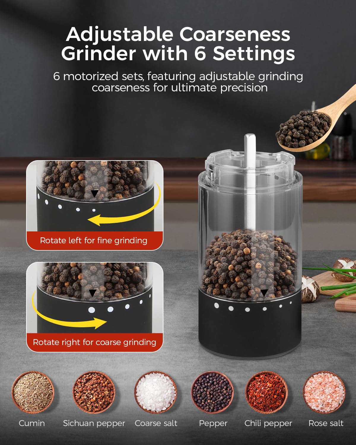 Rechargeable Electric Salt and Pepper Grinder Set - Automatic Kitchen Spice Mill with 6 Adjustable Coarseness & LED Light - Refillable Shakers for Home Cooking, Perfect Housewarming Gift (2 Pack, Black) - Ideal for Gourmet Cooking, Dinner Parties, and Everyday Kitchen Use