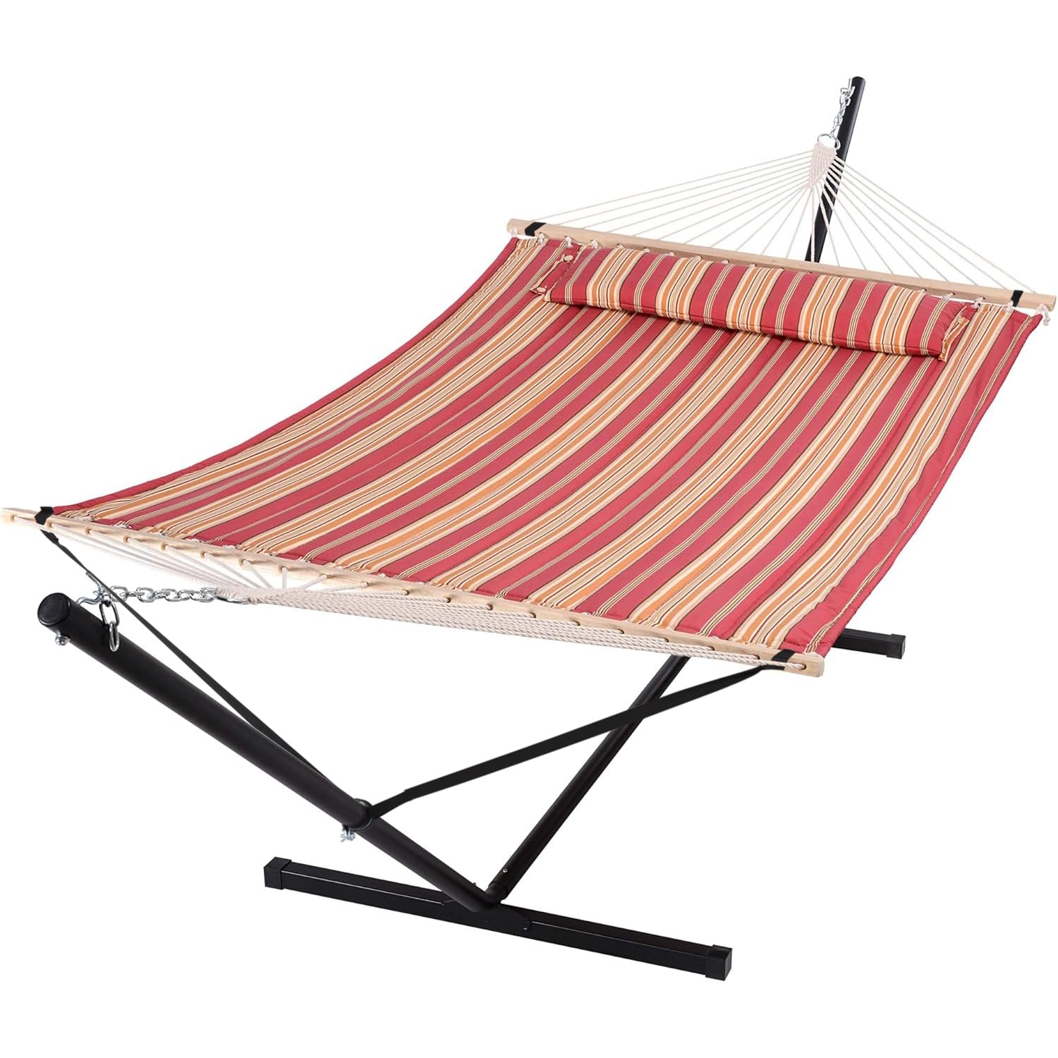SUNCREAT 2-Person Outdoor Hammock with Steel Stand - 12ft Heavy Duty Quilted Fabric Hammock Swing for Backyard, Patio, Camping - Red Stripes Design (Perfect for Relaxing in Garden, Beach or Outdoor Adventures)