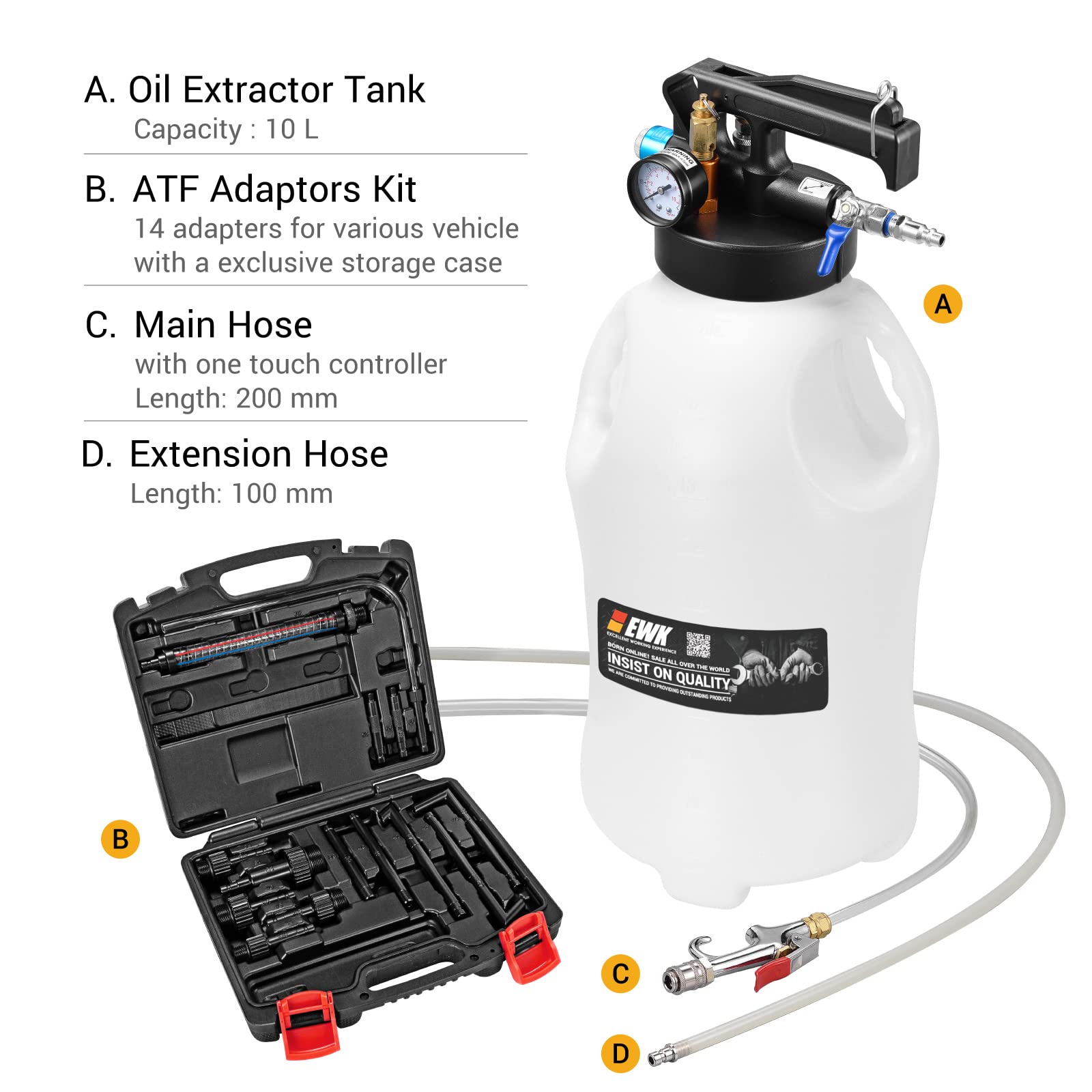 EWK Patented 10L Automatic Transmission Fluid Pump - ATF Extractor & Dispenser with 14 Adapters - Professional Fluid Changer for Car Maintenance & DIY Auto Repair
