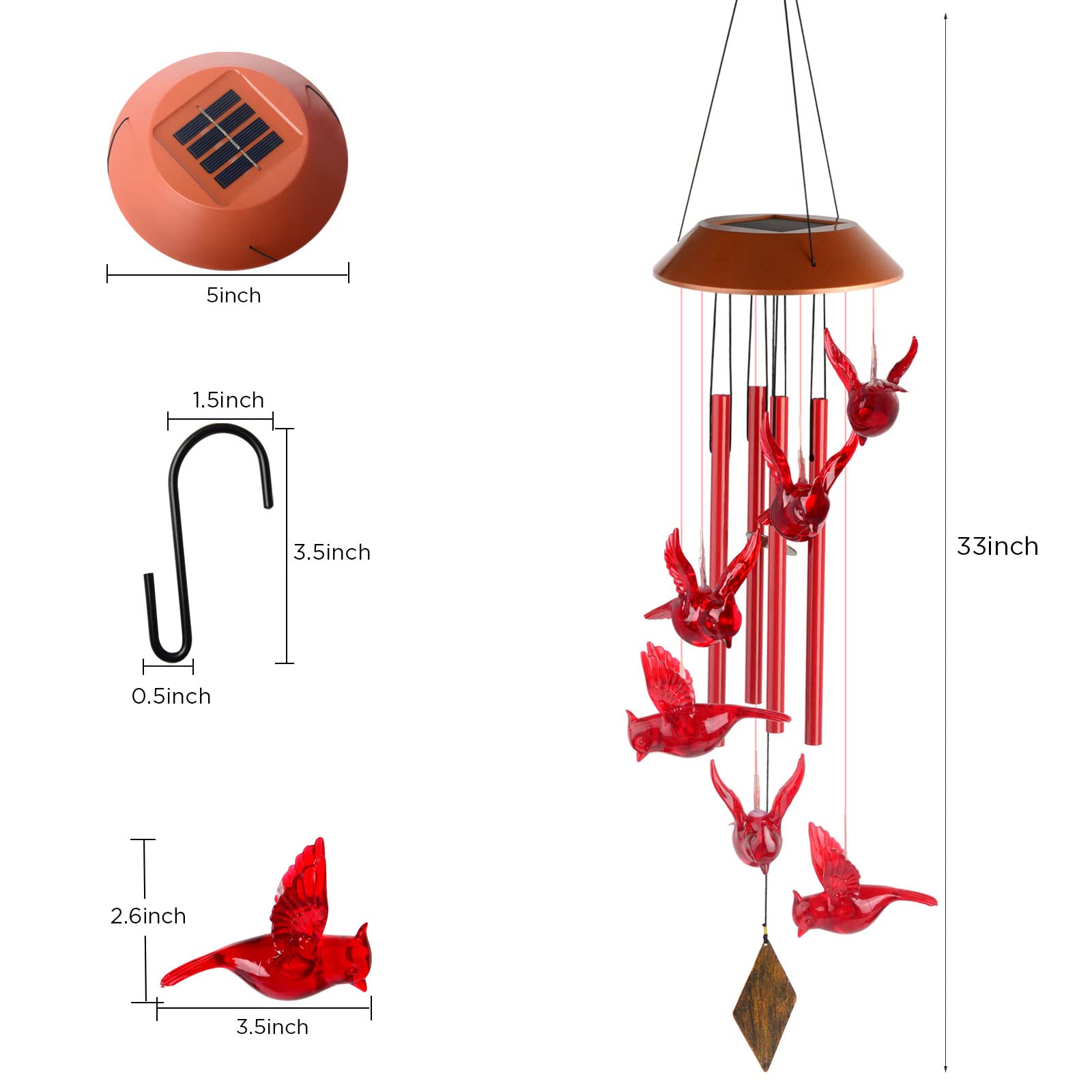 Solar-Powered Cardinal Wind Chimes with Lights - Memorial Gift for Mom, Women & Loved Ones - Outdoor Garden Decor for Patio, Yard & Memorial Spaces