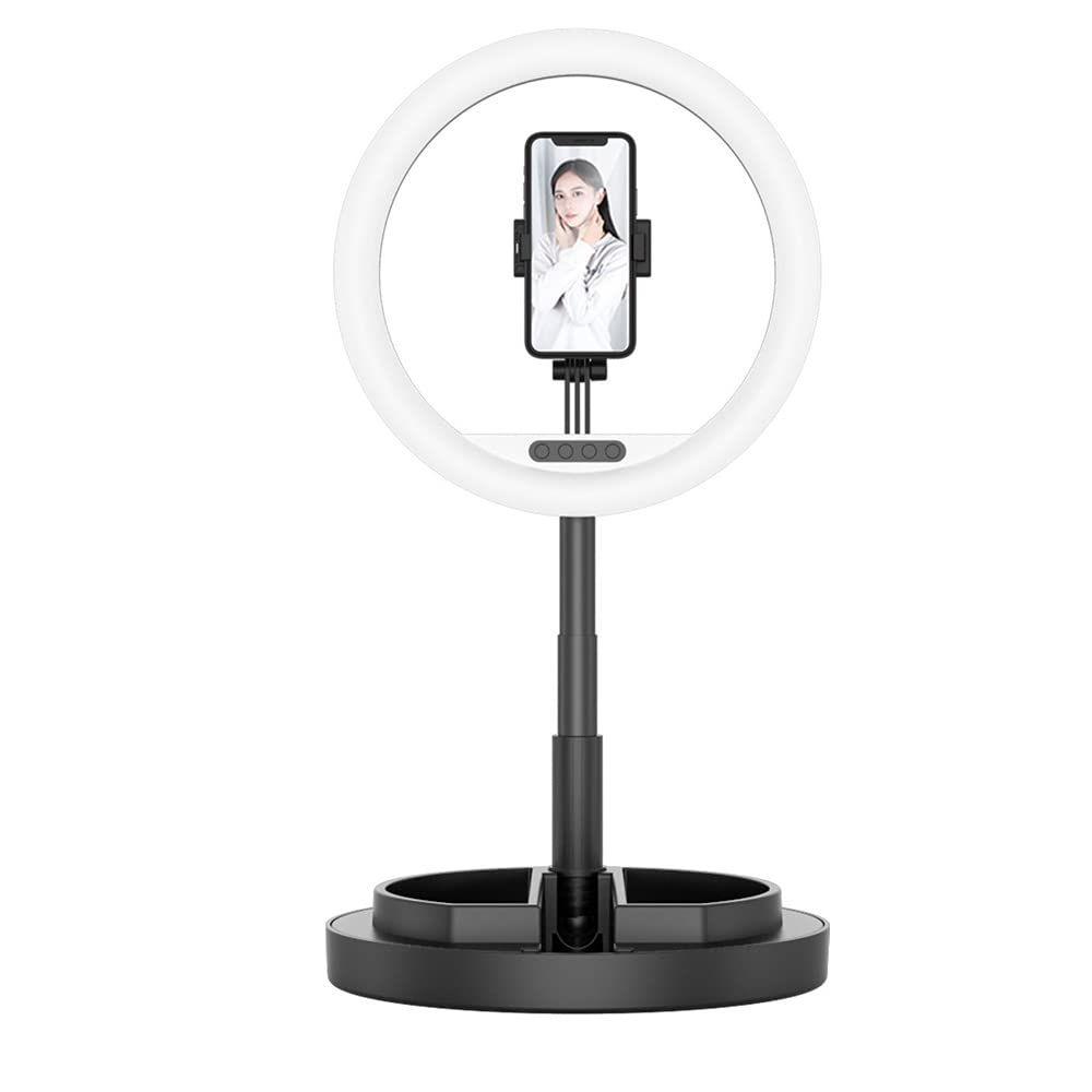 MINJUK Ring Light with Stand for Live Streaming, Selfie, Photography - Adjustable Floor & Desktop Fill Light with Telescopic Folding Tripod, Beauty Lighting for YouTube/TikTok (Black) - Perfect for Home Studio, Makeup Vanity & Content Creation