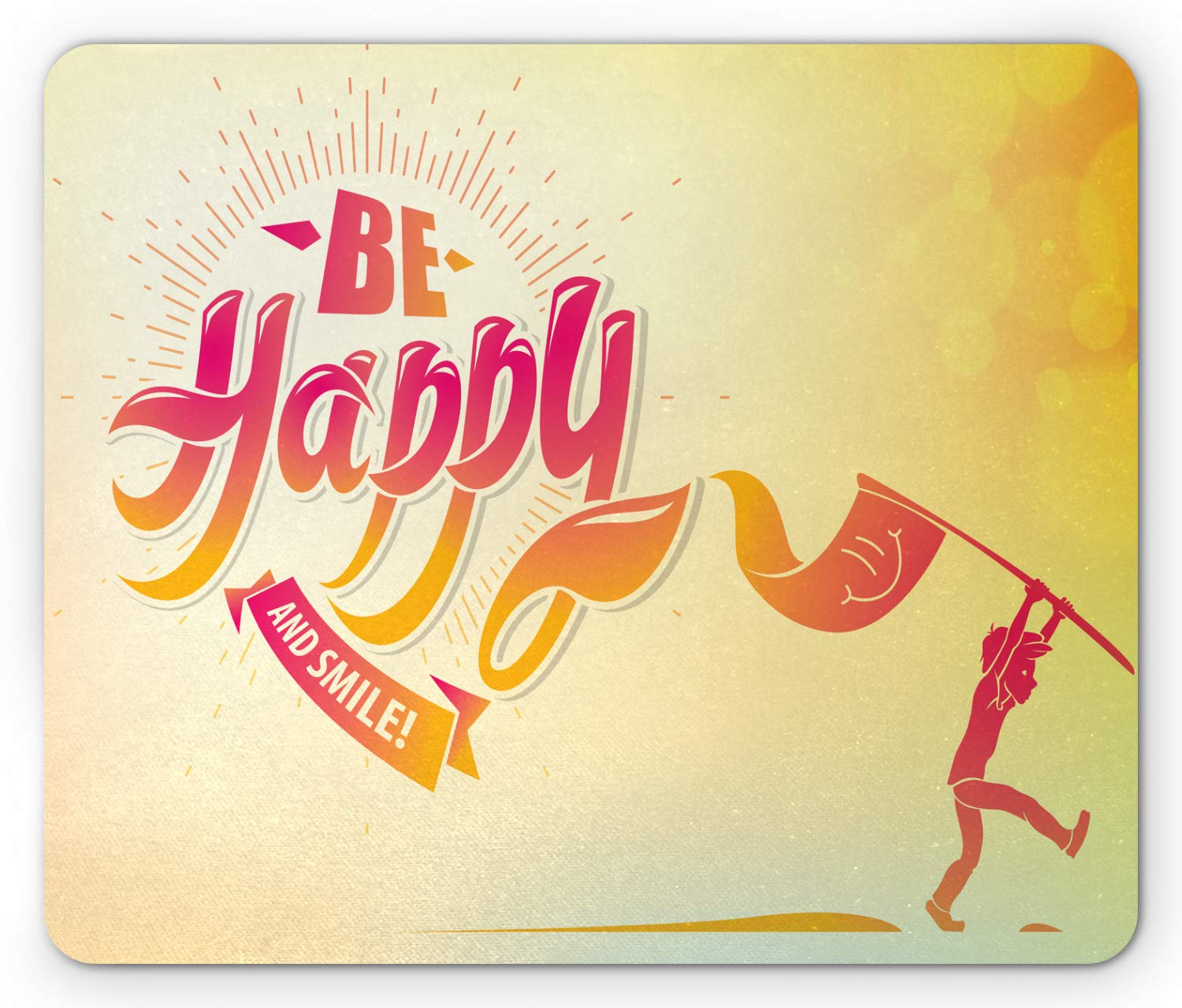 Ambesonne Motivational Mouse Pad - 'Be Happy & Smile' Design with Silhouette Boy Carrying Flag & Bokeh Circles | Non-Slip Rubber Base | Standard Size Rectangle Mousepad for Office, Gaming & Home Workspace