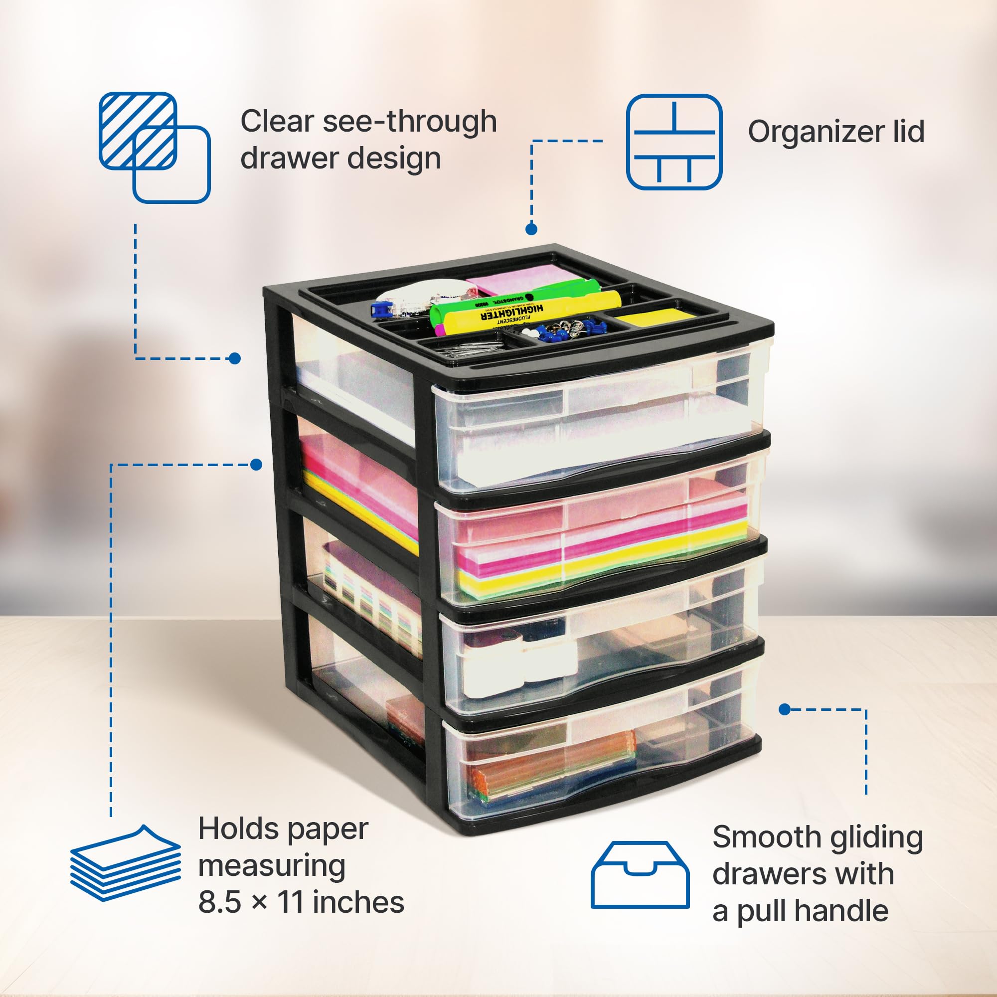 Gracious Living 4-Drawer Desktop Organizer - Black/Clear Storage Box for Office, School & Craft Supplies (4-Pack) | Perfect for Desk Organization, Classroom Storage & Craft Room Accessories