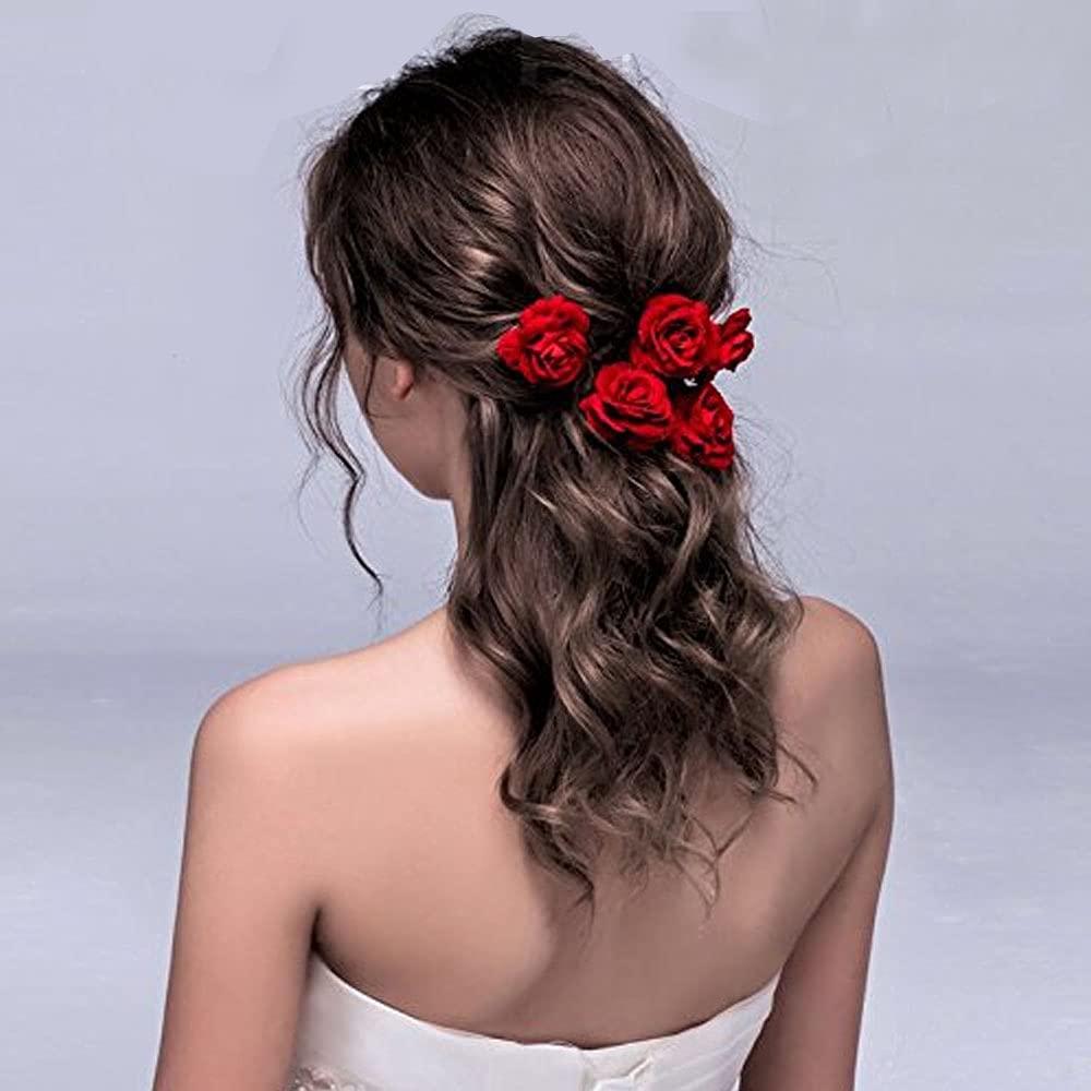 Elegant Golden Rose Bridal Hair Pins for Women & Girls – Set of 4 Wedding Hair Accessories with Red Rose Flowers – Perfect for Bridal Showers, Weddings, Prom & Special Occasions