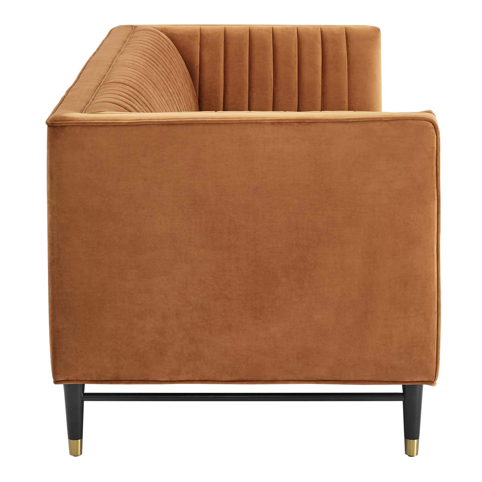 Modway Devote Channel Tufted Performance Velvet Sofa in Cognac - Luxurious Velvet Upholstered Living Room Couch for Modern Home Decor