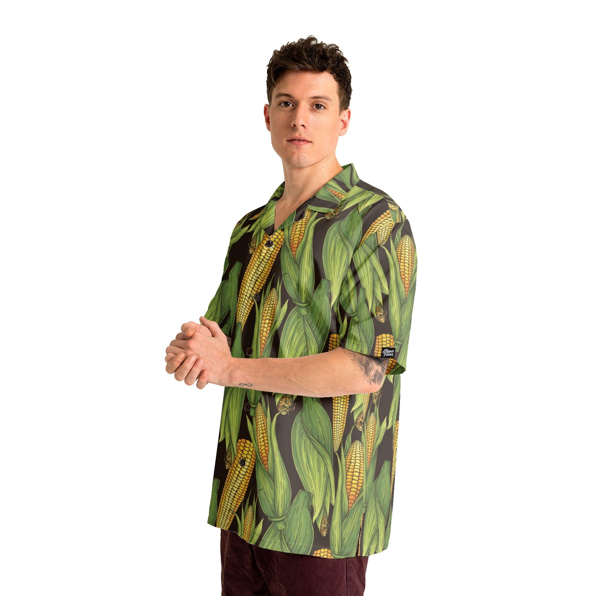 HYPERFAVOR Corn Print Hawaiian Shirts for Men & Women - Short Sleeve Corn on Cob Graphic Tees - Fun Corn Lover Gifts for Summer Parties, BBQ & Tropical Vacations