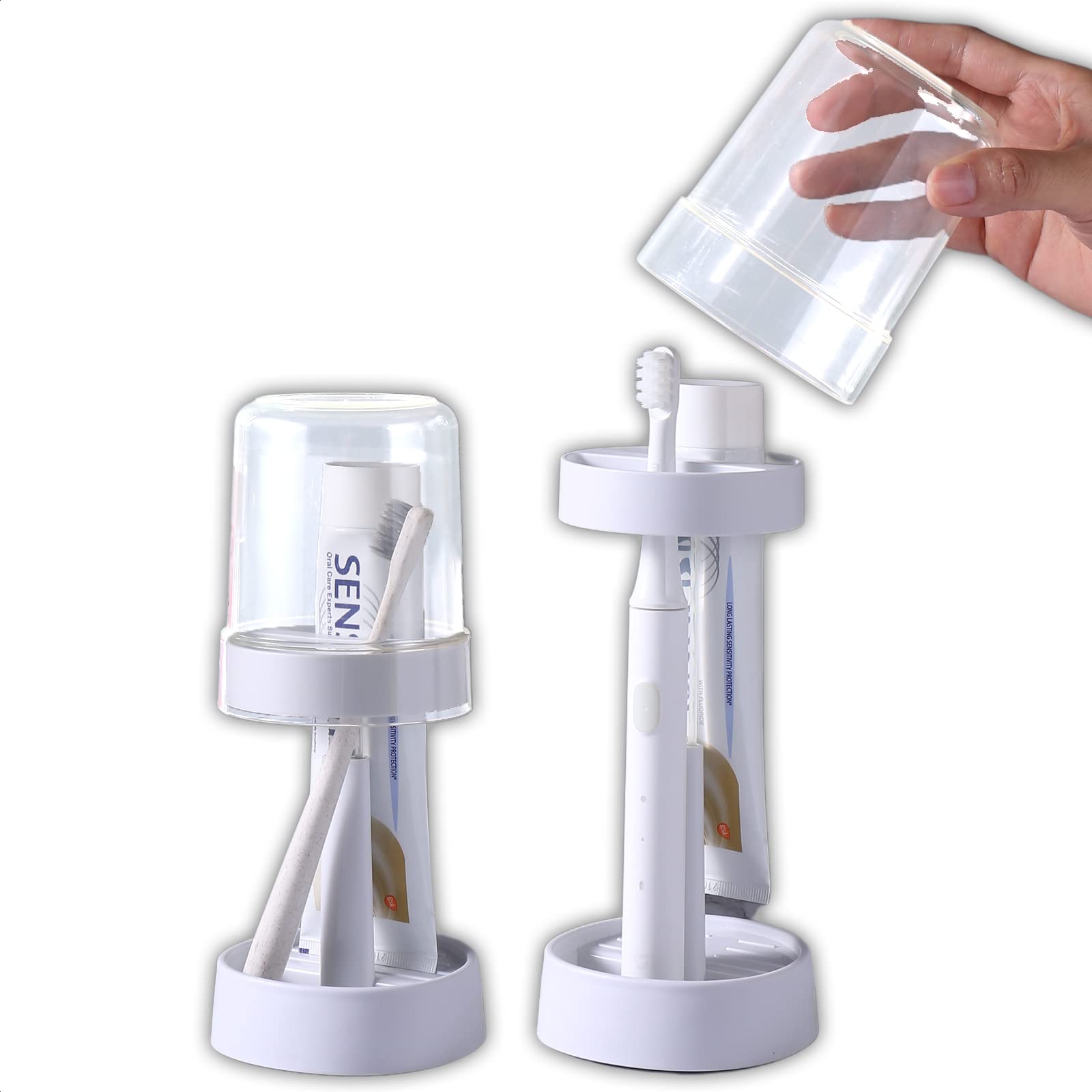 Meiloi Toothbrush Holder with Cup & Cover - 2 Slots for Electric & Regular Toothbrushes, Toothpaste Storage | Bathroom Organizer for Countertop, Sink, or Travel