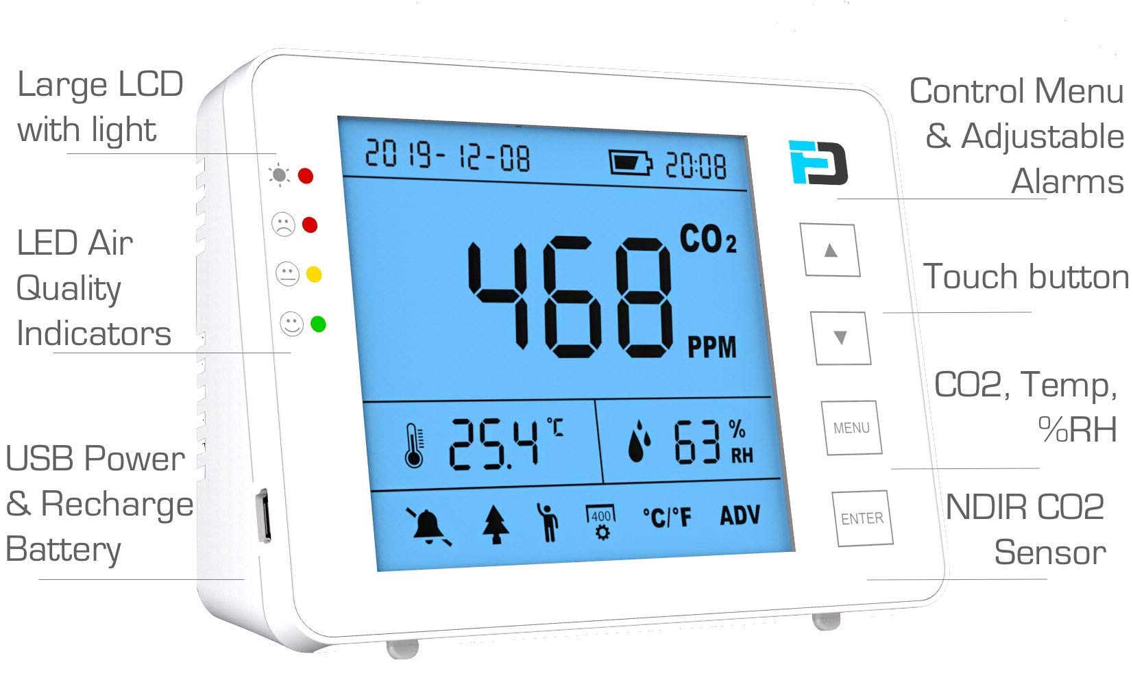 Forensics Basic CO2 Meter - AB841 Compliant Air Quality Monitor with USB/Battery Power & 10-Year Lifespan | Perfect for Classrooms, Gyms, Offices, Homes & Cars | Monitor Indoor Air Quality for Healthier Breathing