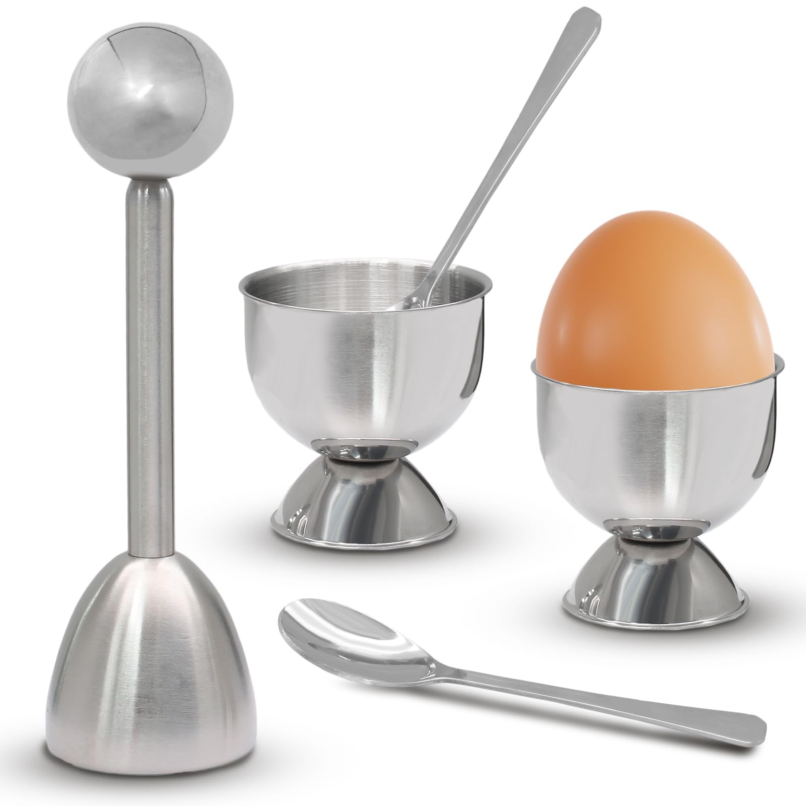 Premium Stainless Steel Egg Cups & Cracker Set - 5-Piece Kit with Egg Topper Cutter, 2 Egg Holders & 2 Spoons - Perfect for Soft Boiled Eggs Breakfast, Brunch & Easter Decorations