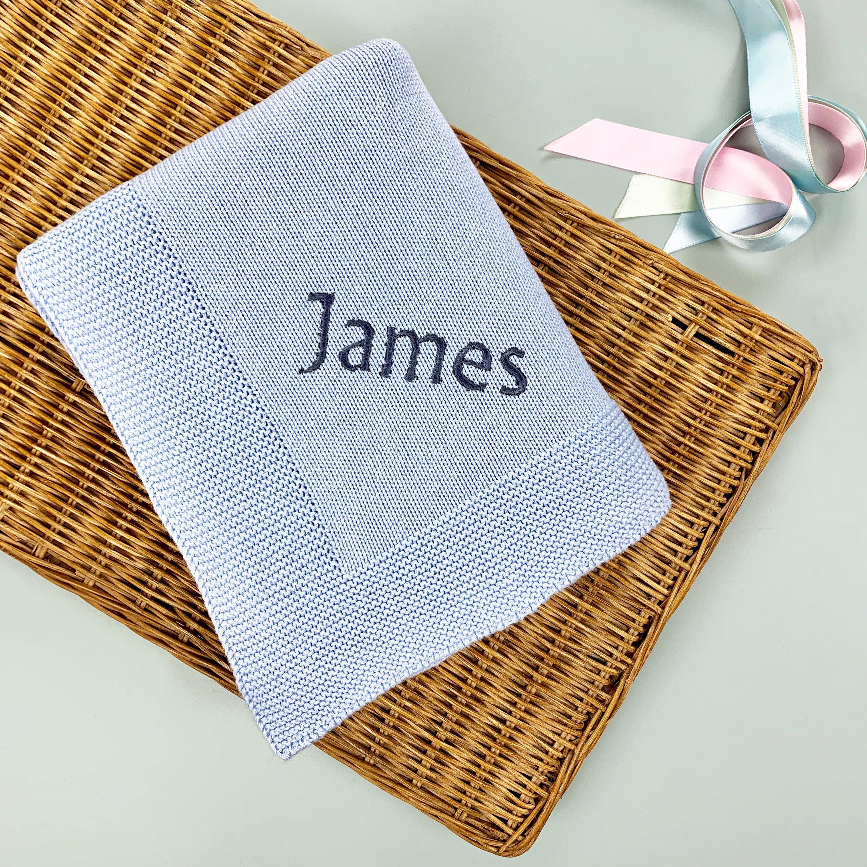 Personalized Knitted Baby Blanket - Soft Blue Handmade Blanket for Newborns & Infants - Perfect for Nursery, Gift, and Photo Shoots