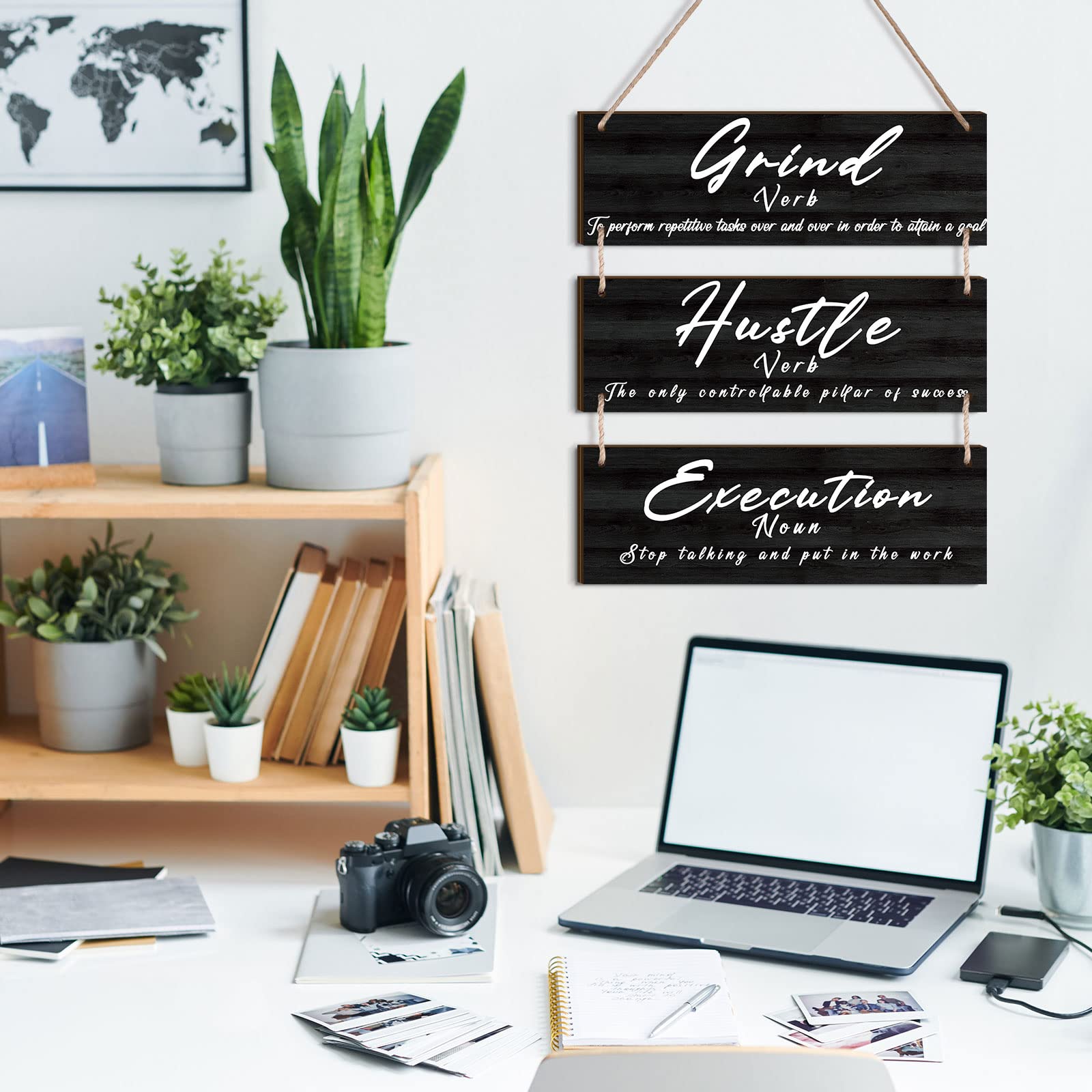 Yookeer Wooden Motivational Wall Art - Success Quote, Grind Hustle Execution Inspirational Print for Home Office, Bedroom & Workplace Decor | Perfect for Men's Workspace & Office Wall Hangings