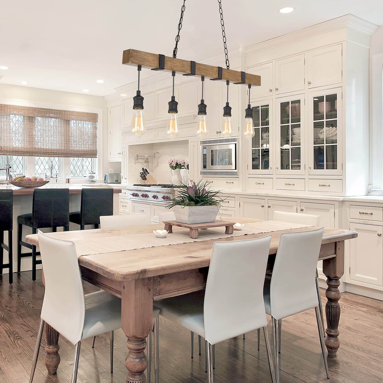 Rustic Faux Wood Farmhouse Chandelier - 5-Light Pendant Lighting for Kitchen Island & Dining Room - Black Wires LOG BARN Kitchen Light Fixtures - Perfect for Country Style Homes and Cozy Restaurant Decor