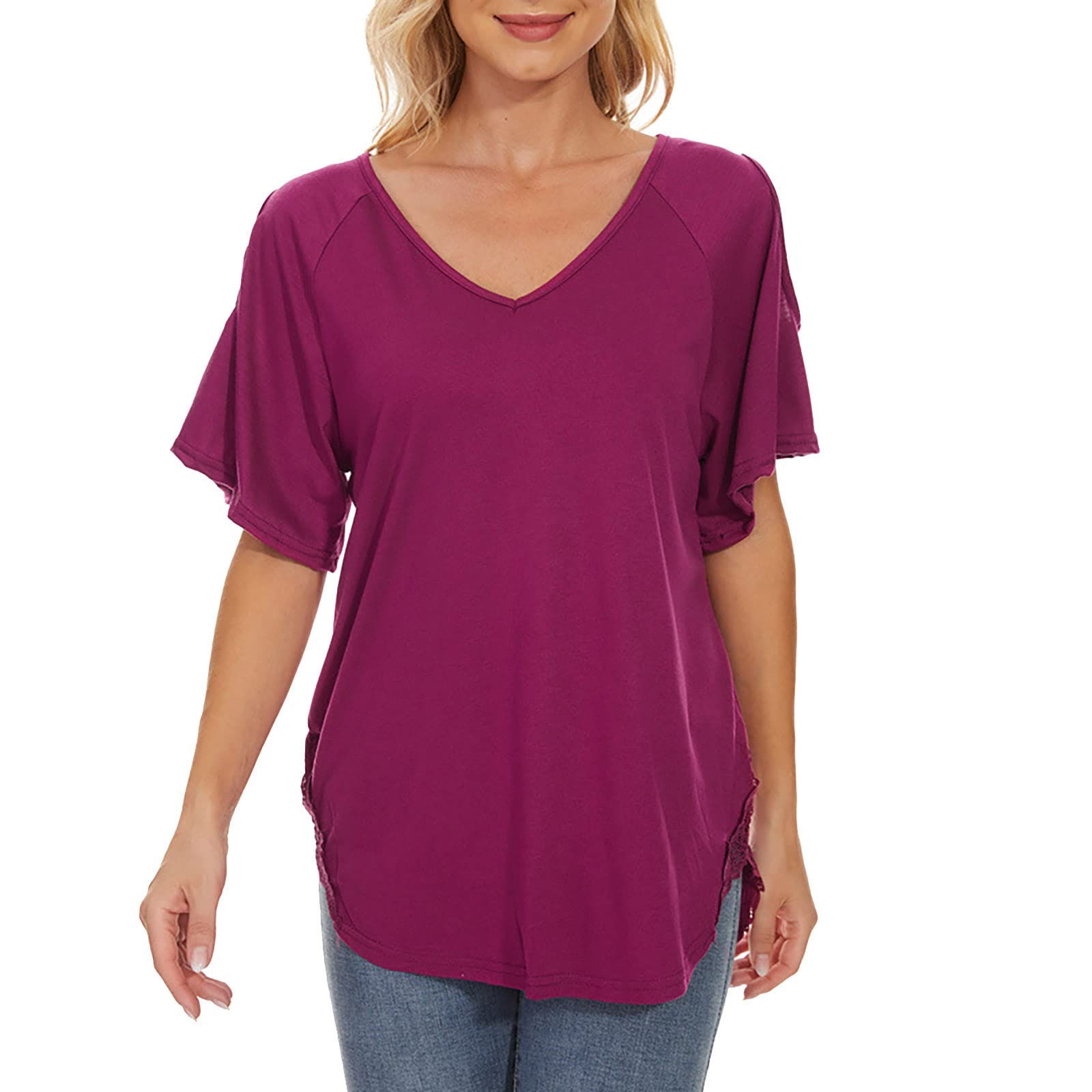Bohemian Women's Casual Short Sleeve V-Neck Lace Top - Solid Color Regular Fit Blouse for Summer Outfits, Beach Wear & Festival Fashion
