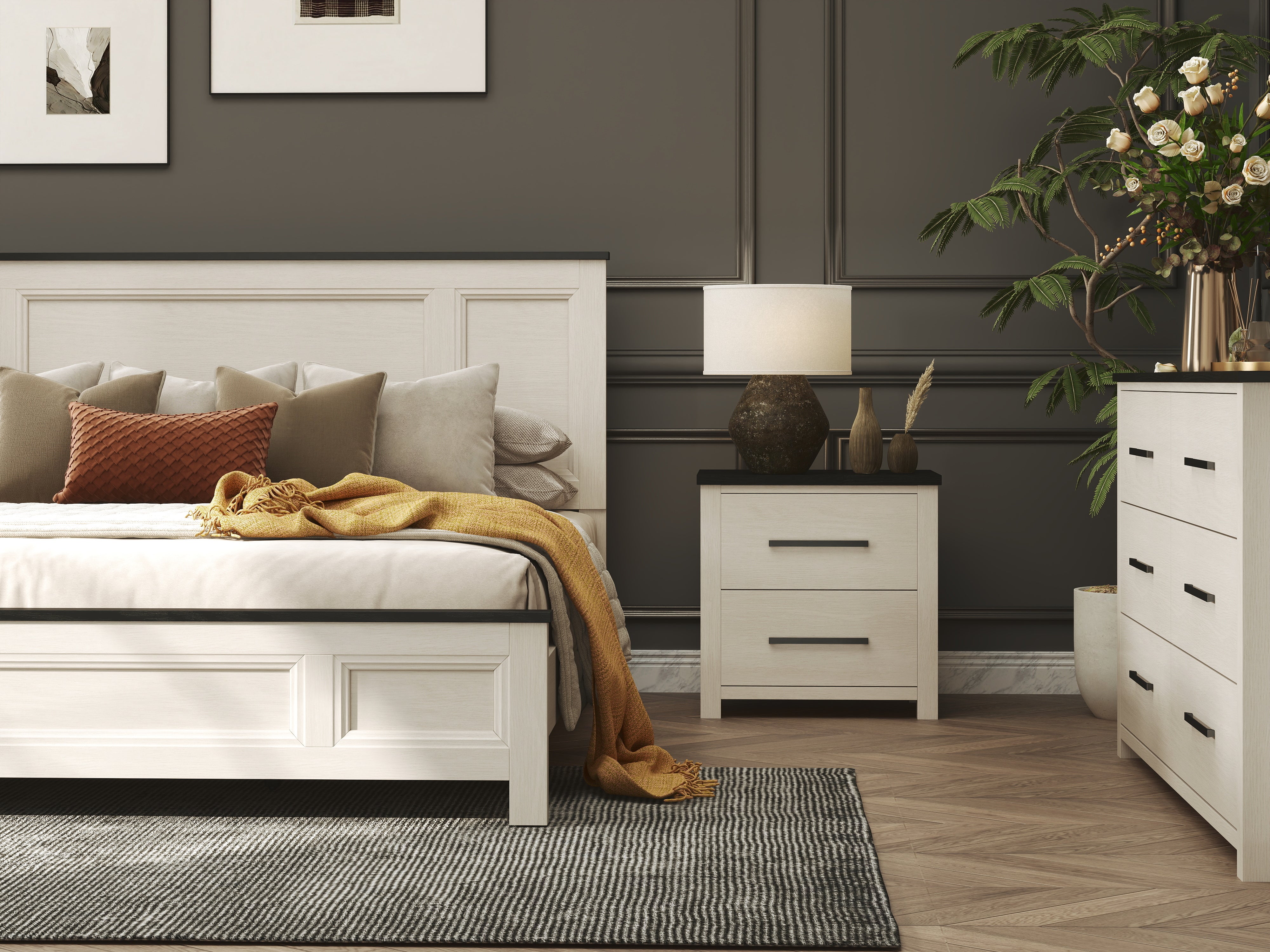 Roundhill Furniture Realynn Wood Bedroom Collection - Queen Size Bed Frame, Nightstand & Dresser Set in Off White Finish | Modern Farmhouse Style for Master Bedroom & Guest Room Decor