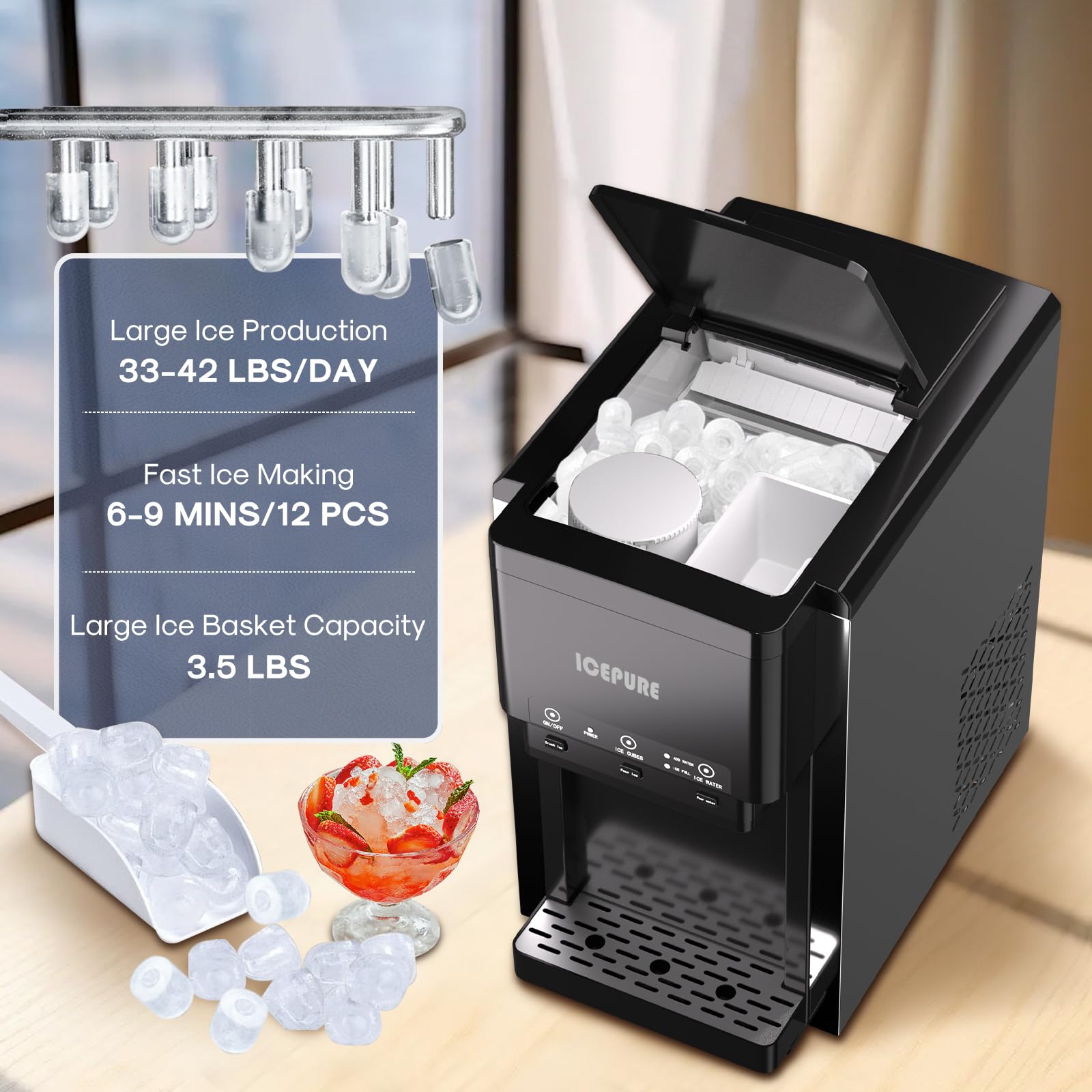 ICEPURE 3-in-1 Countertop Water Cooler with Ice Maker | Bullet & Crushed Ice Machine | Cold & Room Temperature Water Dispenser | 42 lbs/Day Capacity | Manual/Auto Water Refill | Perfect for Home, Office, Kitchen, or Outdoor Use
