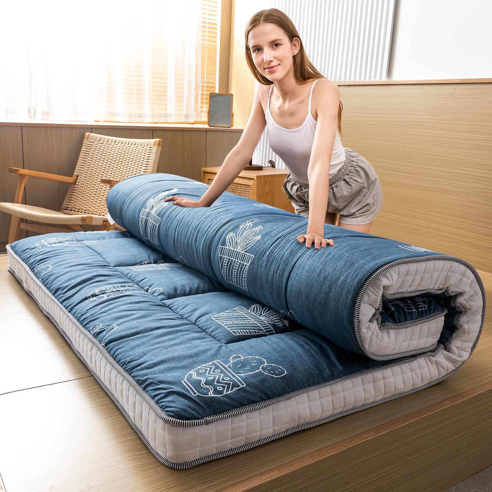 MAXYOYO Queen Size Futon Mattress - Grey Cactus Pattern Japanese Floor Mattress, Extra Thick Quilted Tatami Bed with Breathable Folding Design | Perfect for Guest Rooms, Camping & Couch Sleeping