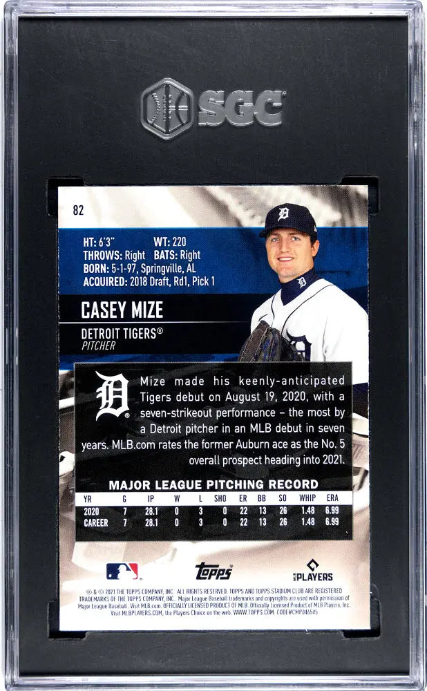 2021 Topps Stadium Club Baseball Casey Mize Rookie Card RC '91 Design SGC 10 Gem Mint - Perfect for Baseball Card Collectors and Detroit Tigers Fans Display