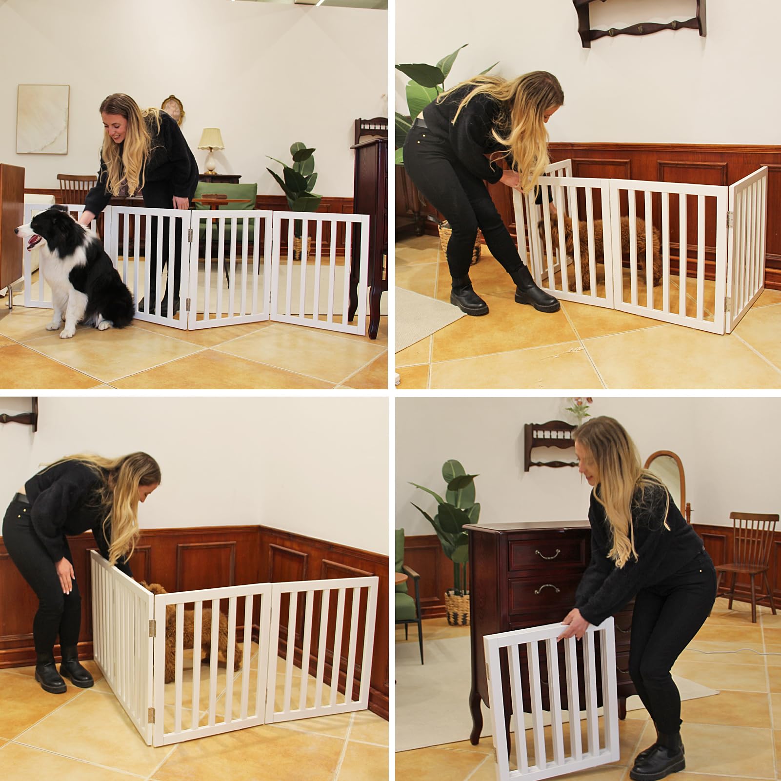 Freestanding Indoor Dog Gate - Foldable Wooden White Puppy Gate for Doorways, Stairs & Wide Openings - 24